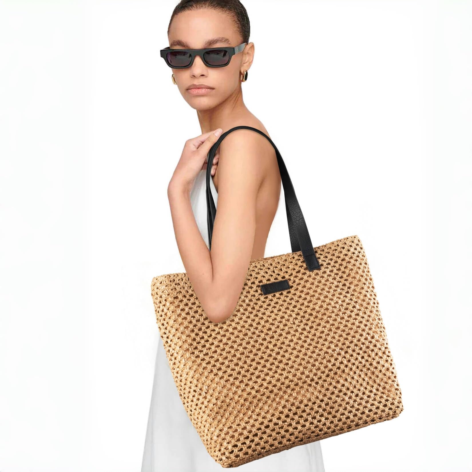Women's Foldable Straw Beach Bag - Large Woven Tote with Zipper for Pool & Summer Outings