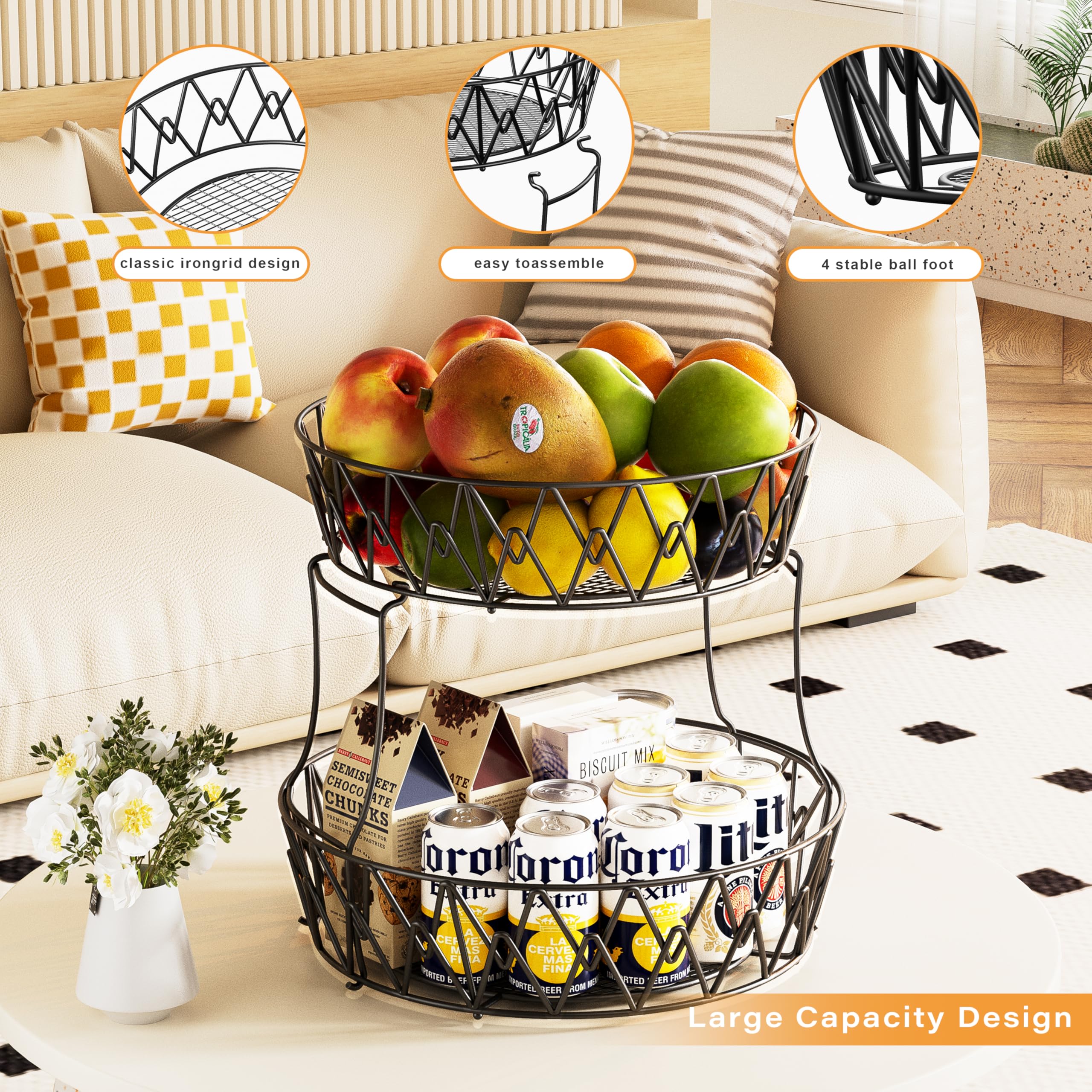 2-Tier Stackable Metal Wire Fruit Basket for Kitchen Counter - Round Corner Fruit & Vegetable Holder for Fruits, Veggies, Snacks, Onions - Perfect for Small Kitchen Spaces & Countertop Organization