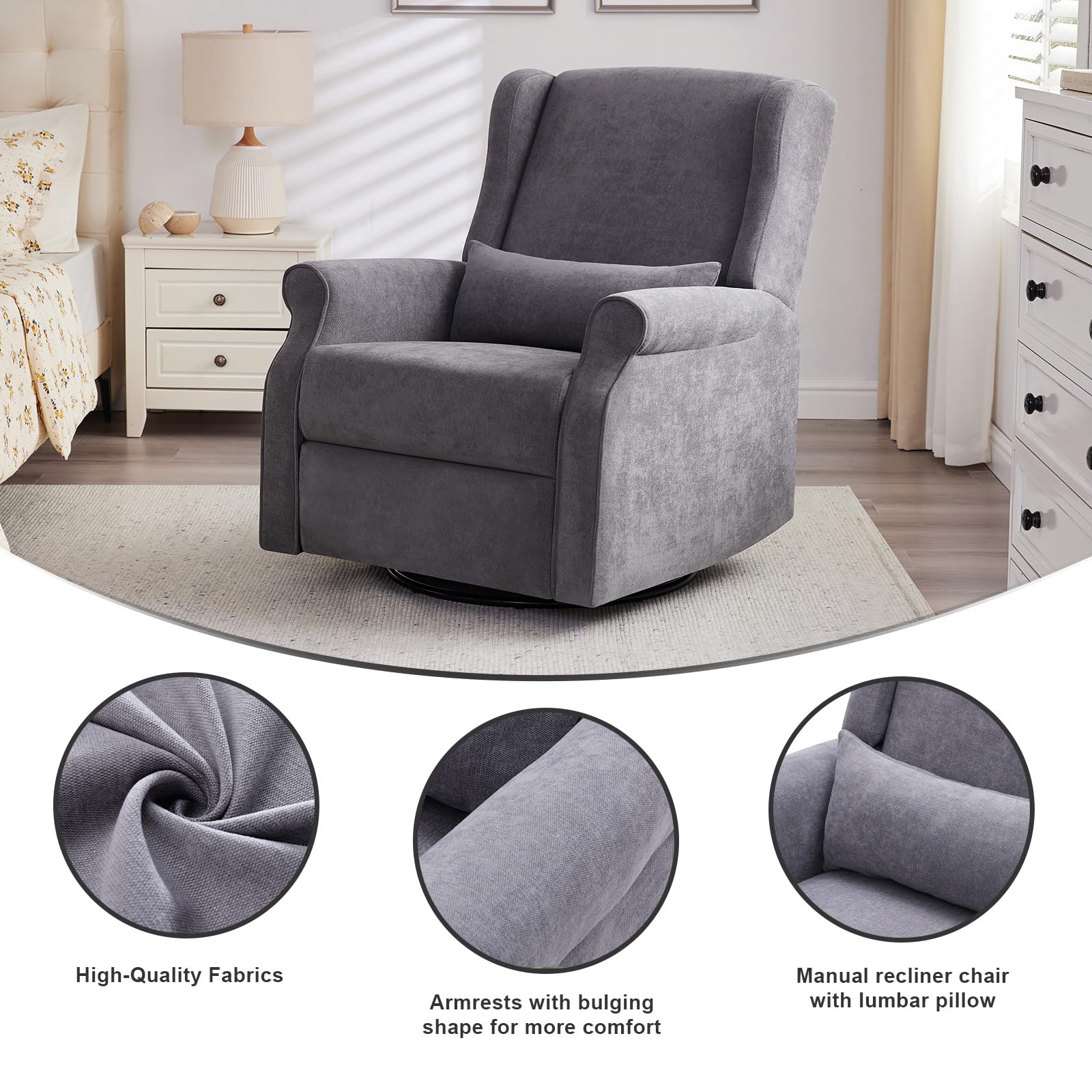 360° Swivel Nursery Glider Chair with Footrest - Manual Reclining Rocking Chair for Nursing Mothers, Baby Room & Living Room - Comfortable Grey Upholstered Glider for Breastfeeding, Relaxation & Nursery Decor