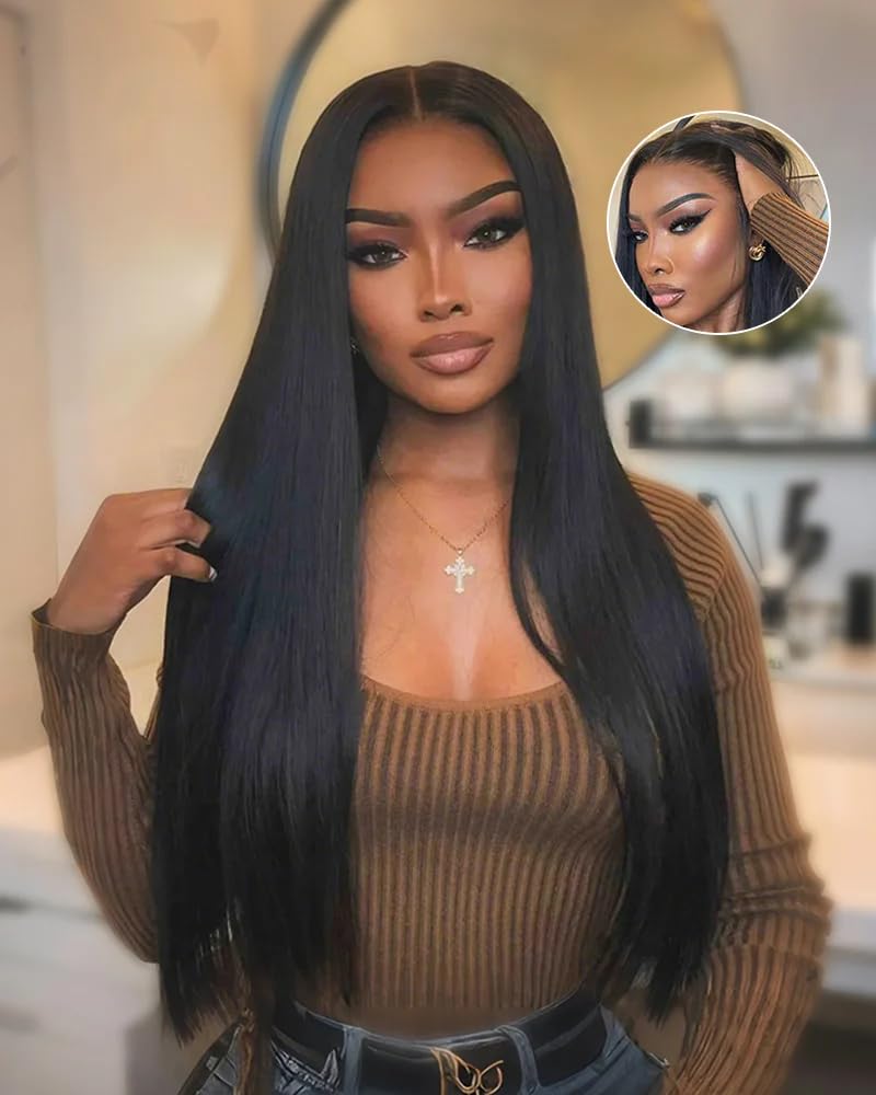 13x6 Full Lace Frontal Wig 200% Density - Brazilian Virgin Human Hair - Straight HD Transparent Lace Front Wig with Baby Hair & Pre-Plucked Hairline - 26 Inch Natural Black (1B) - Perfect for Daily Wear, Special Occasions & Protective Styling