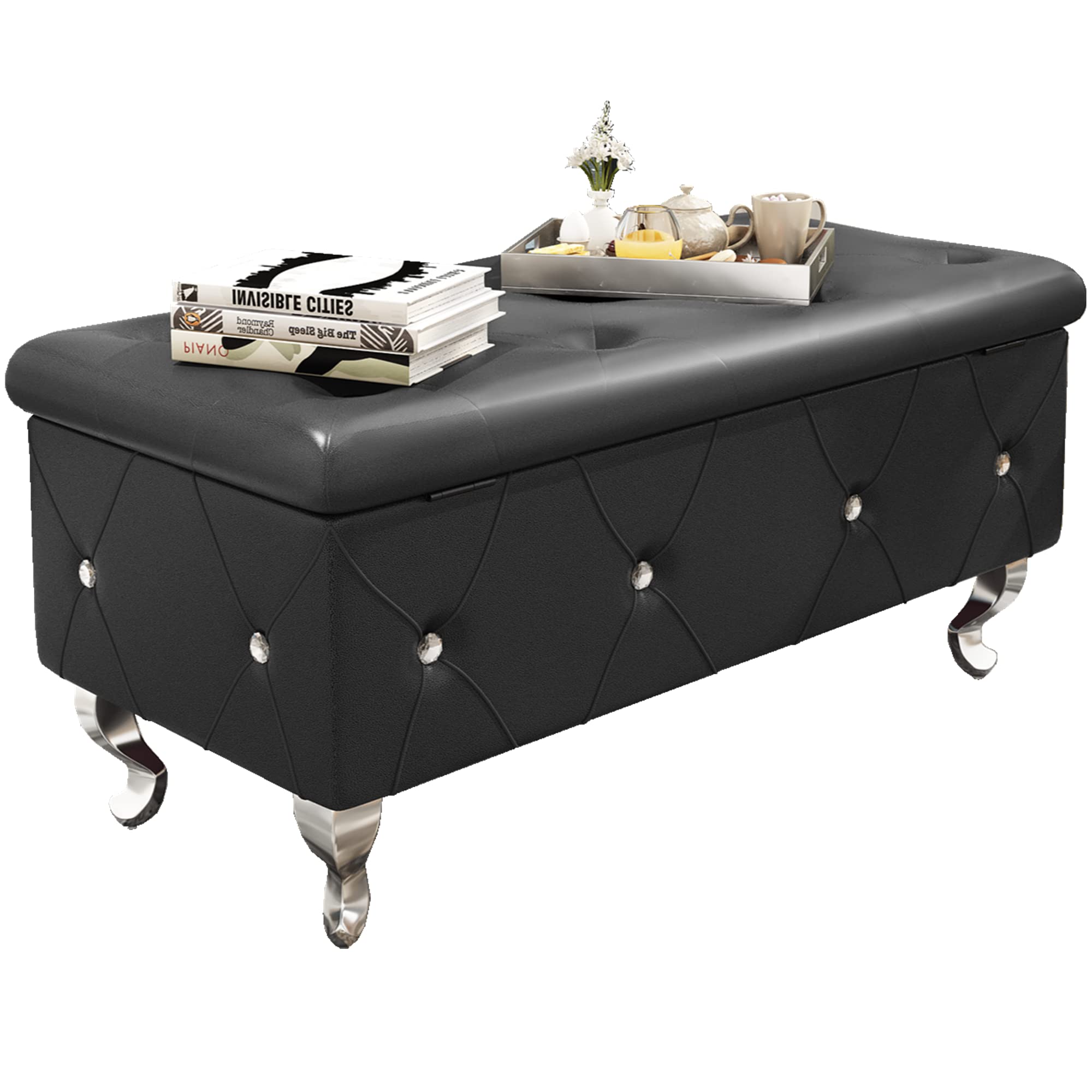 PU Leather Storage Ottoman Bench with Button Tufted Design, 37.4