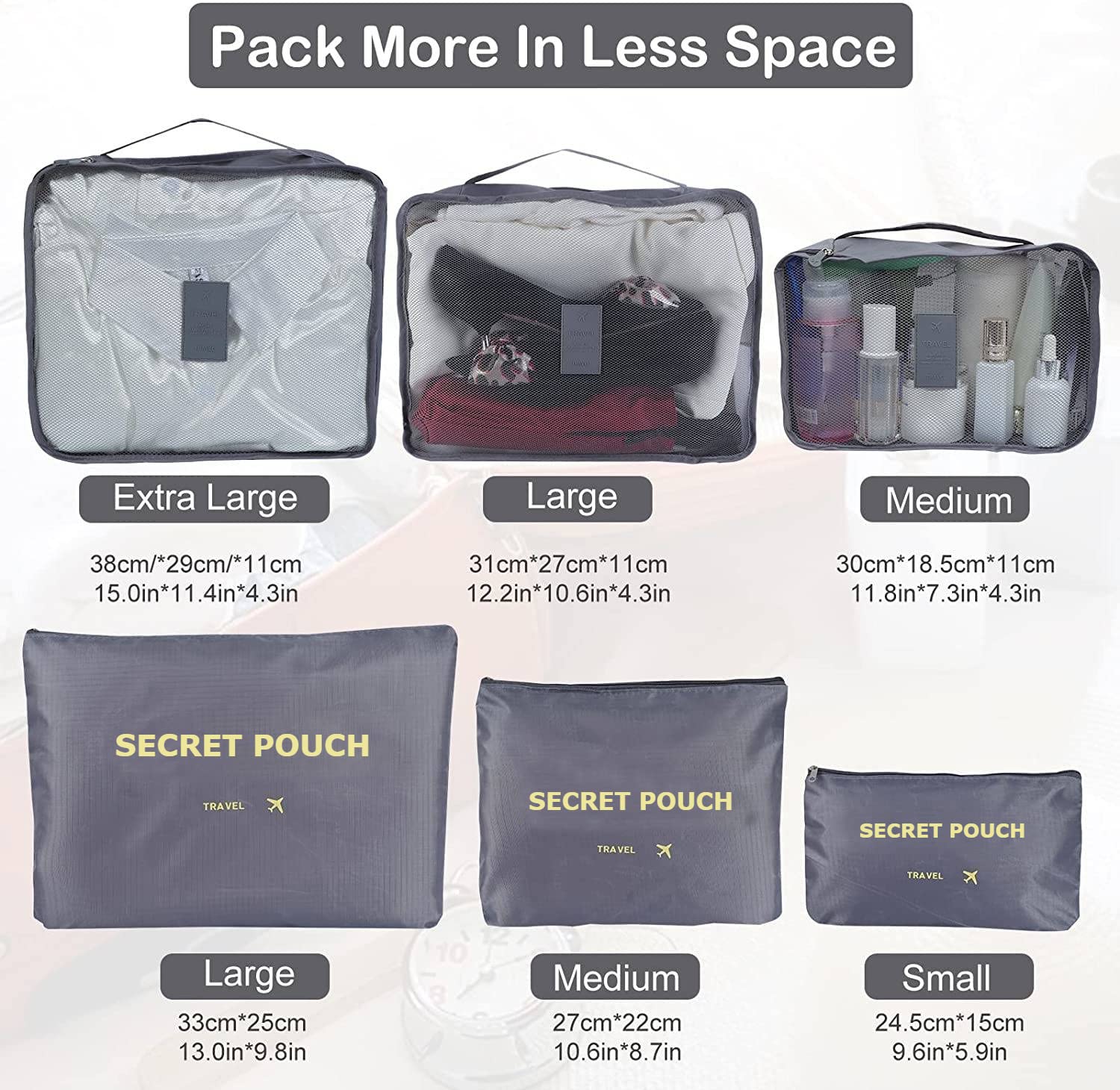 FLYNGO 6-Piece Travel Organizer Set - Packing Cubes for Clothes, Toiletries & Luggage | Space Saving Bags for Cosmetics, Underwear, Socks & Shoes | Perfect for Men & Women Travel Accessories (Grey) - Ideal for Vacation, Business Trips & Weekend Getaways