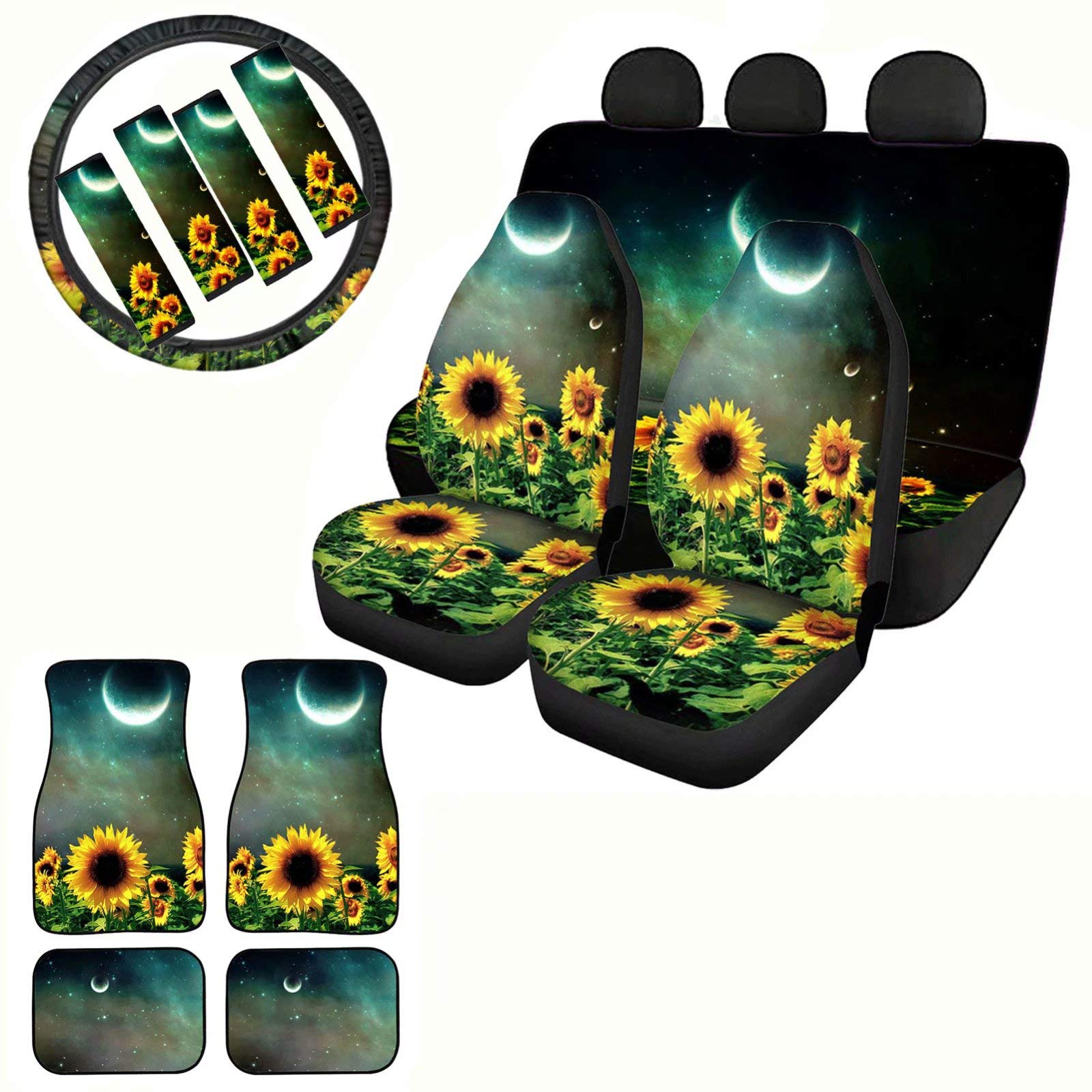 Pensura Sunflowers in The Moonshine 12-Piece Car Interior Accessories Set - Universal Fit for Trucks, SUVs, Sedans & Vans | Includes Front/Rear Seat Covers, Steering Wheel Cover, Seatbelt Pads & Floor Mats | Perfect for Road Trips, Daily Commutes & Vehicle Protection