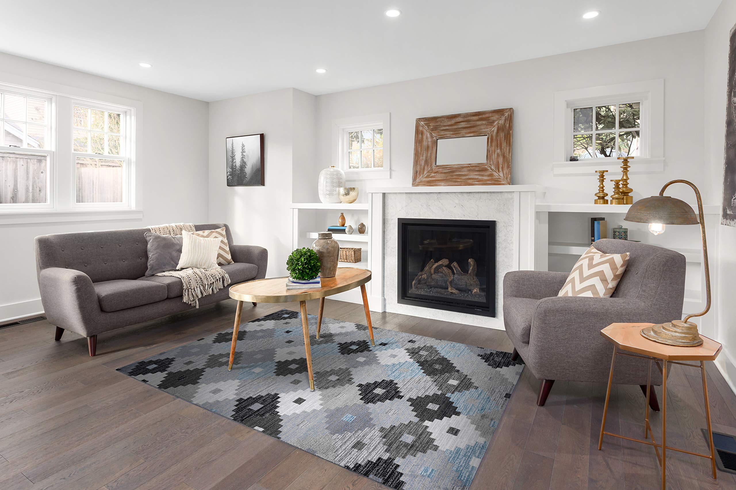 GAD Premium Indoor Contemporary Modern Quilt Pattern Area Rug - Blue, Black & White Geometric Design - Stain & Fade Resistant Living Room Rug for High Traffic Areas, Hallway & Bedroom - Soft & Durable Home Decor for Cozy Spaces