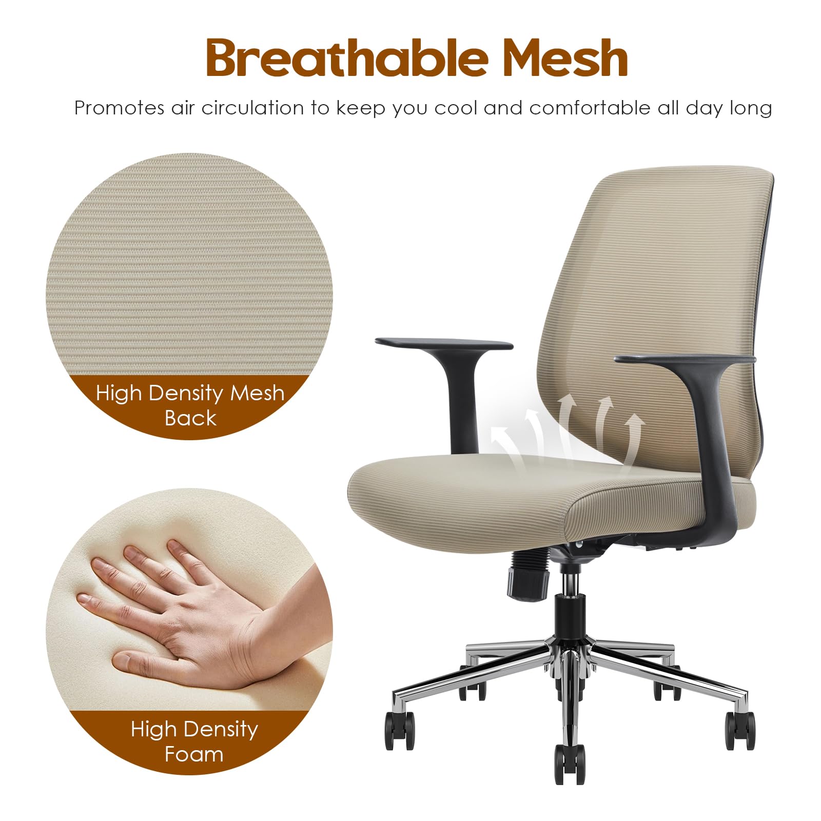 Farini Ergonomic Home Office Chair - Adjustable Mesh Desk Chair with Lumbar Support & Armrests - Comfortable Computer Chair for Work, Study, Gaming - Perfect for Small Spaces & Long Hours (Beige)