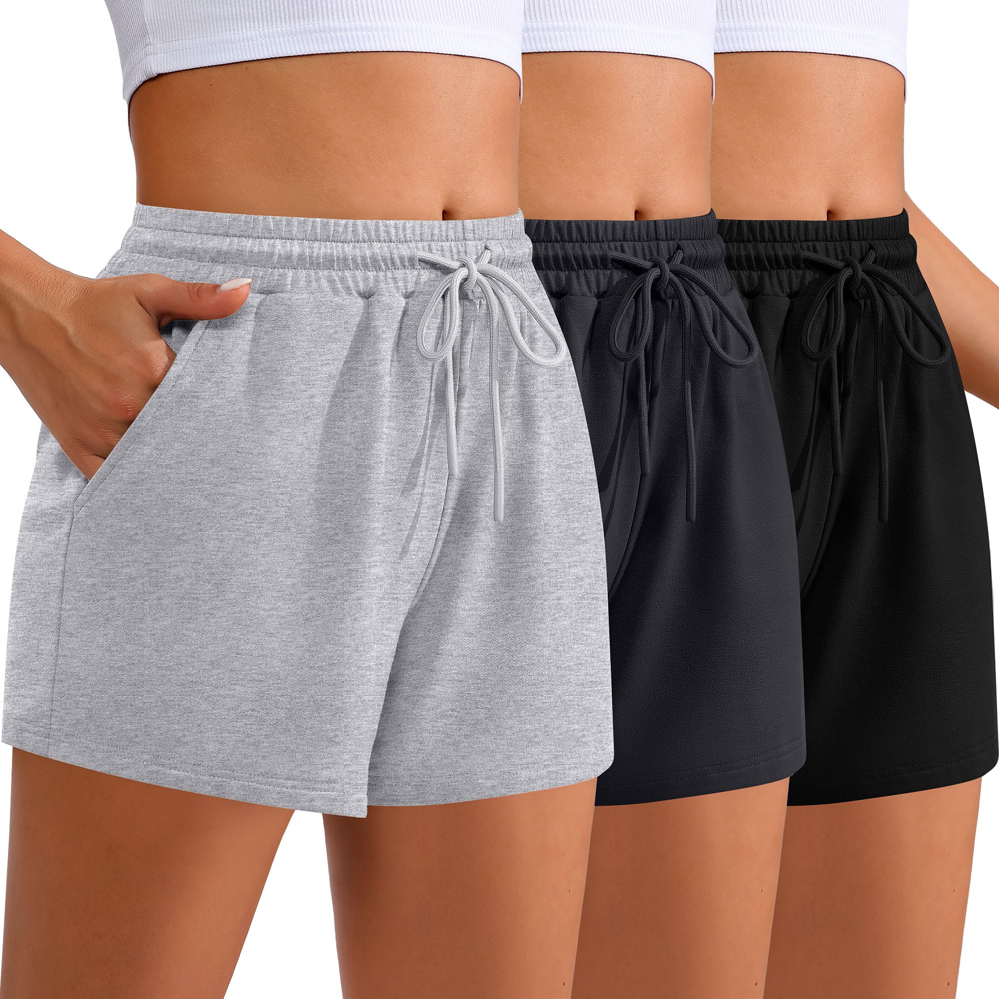 Neer 3 Pack Women's Sweat Shorts - Comfy High Waist Lounge Shorts with Drawstring & Pockets | Casual Athletic Summer Shorts for Yoga, Running, and Home Wear