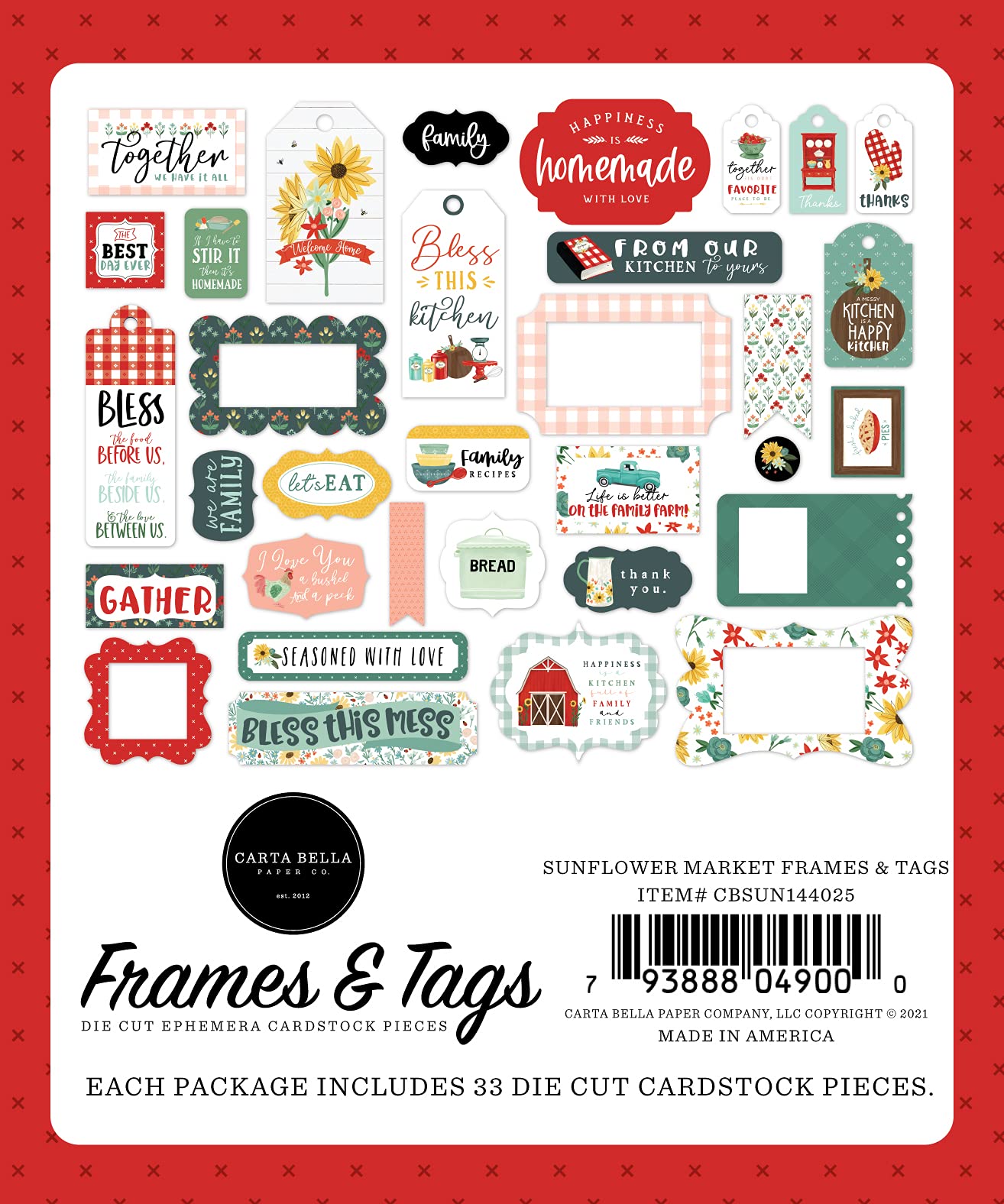 Carta Bella Paper Co. Sunflower Market Frames & Tags Ephemera Set - Scrapbooking, Card Making, Journaling Supplies for DIY Crafts & Memory Keeping