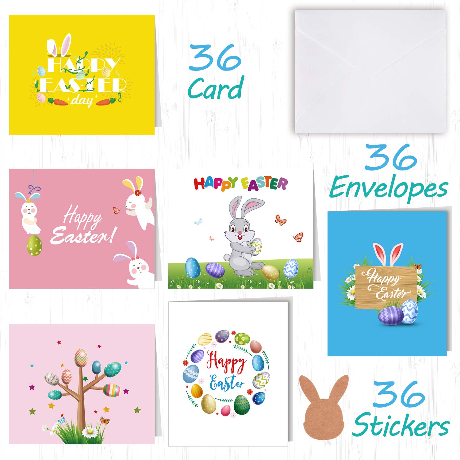 FEPITO 36 Pack Happy Easter Greeting Cards with Envelopes - Bunny Rabbit Egg Design Spring Note Cards for Kids (6 Styles) - Perfect for Easter Celebrations, Classroom Activities & Party Favors