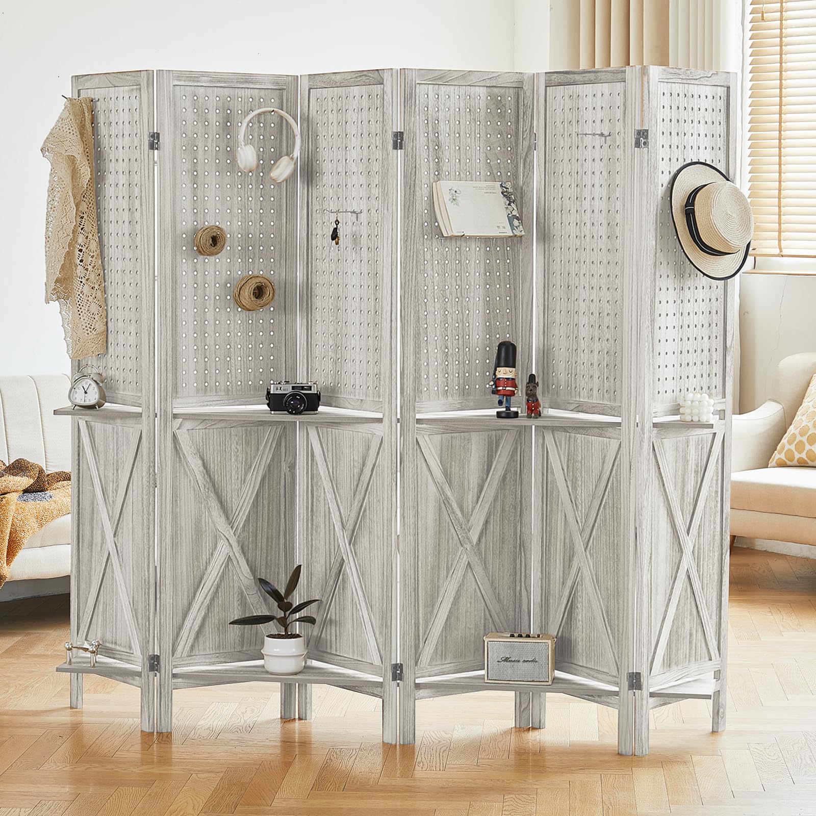 6 Panel Wood Room Divider with Shelves - Foldable Privacy Screen & Pegboard Display - Portable Partition Wall for Home, Office, Store (Off White) - Perfect for Space Division, Room Organization & Retail Displays