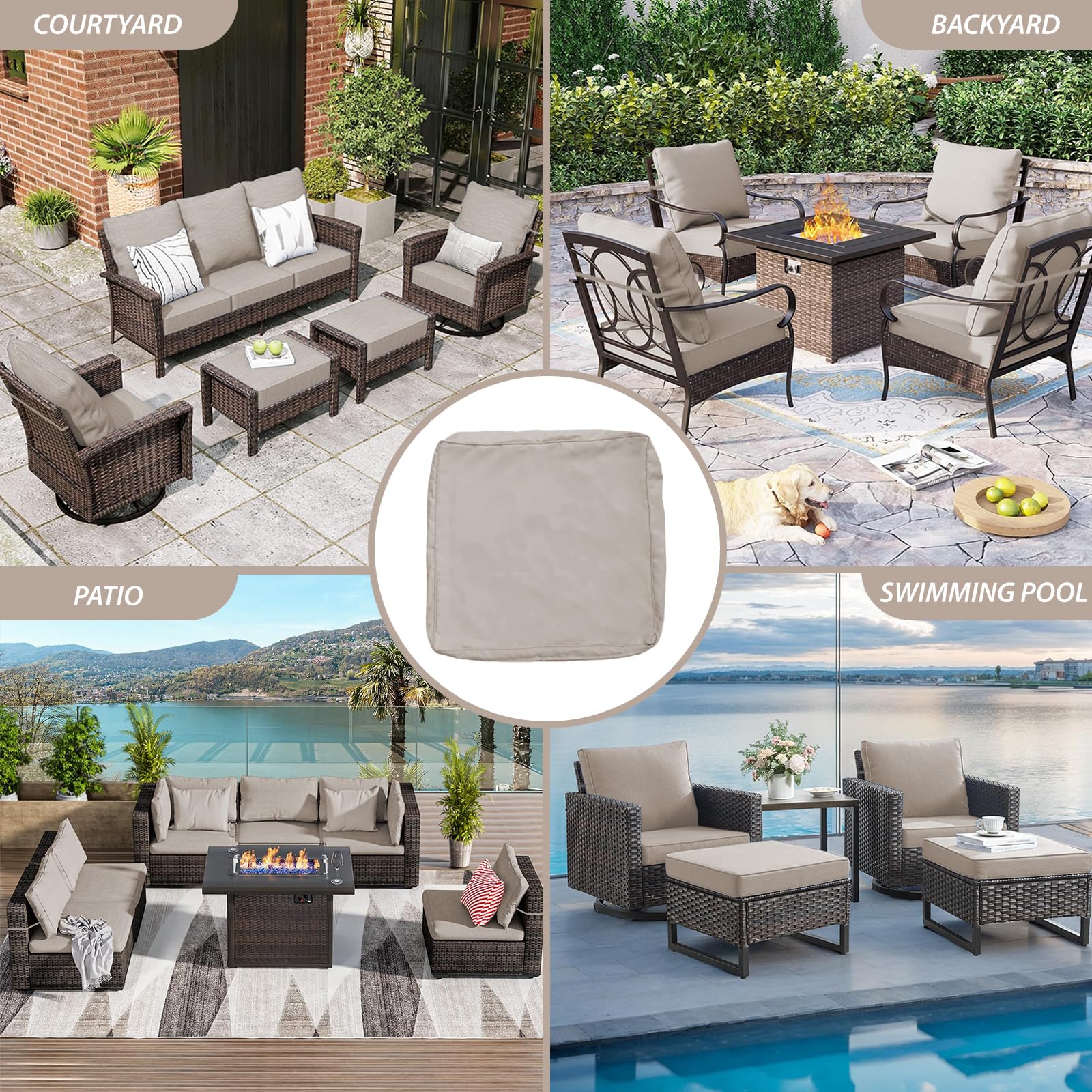 Waterproof Outdoor Cushion Covers Set of 14 - Washable Patio Furniture Covers with Zipper & Ties for Wicker Rattan Sectional Sofa Chairs (Khaki) | Perfect for Backyard, Poolside & Garden Decor