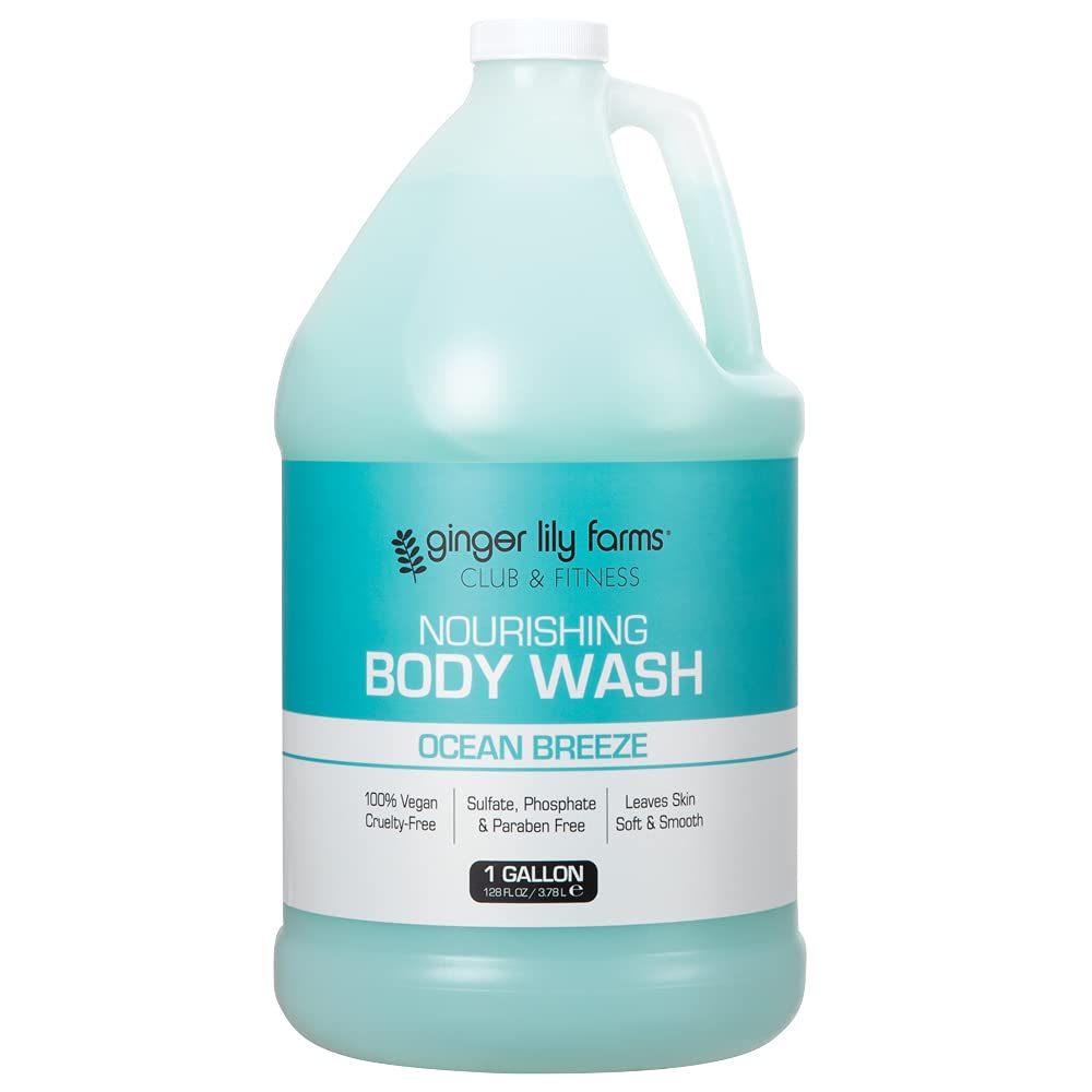 Ginger Lily Farms Club & Fitness Nourishing Body Wash - 100% Vegan, Cruelty-Free, Ocean Breeze Scent - 1 Gallon Refill (Pack of 4) - Perfect for Gyms, Spas & Home Use