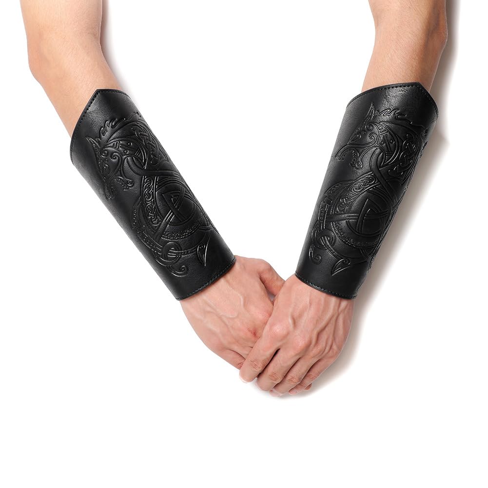 Medieval Leather Bracers - Dragon Embossed Viking Armor Cuffs for LARP, Cosplay & Renaissance Fairs | Authentic Leather Gauntlets for Historical Reenactment & Costume Accessories