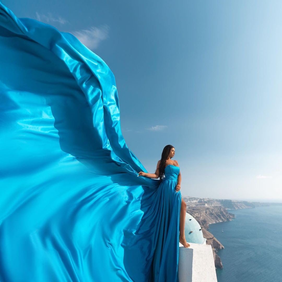 Elegant Long Satin Corset Dress with Train - Flowy Maxi Flying Dress for Women | Perfect for Photoshoots, Baby Showers & Santorini Vacations | Formal Evening Gown & Special Occasion Wear