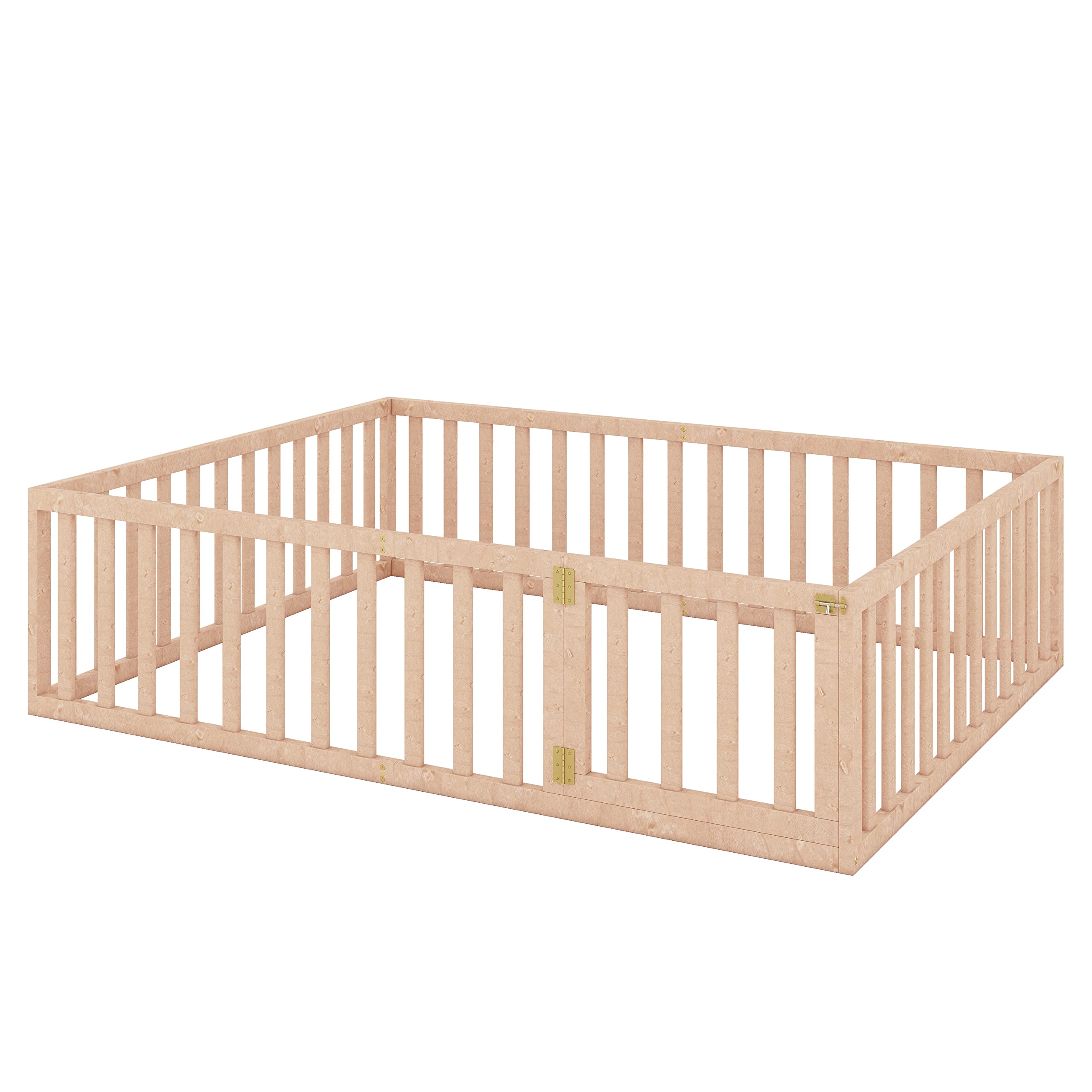 LZ LEISURE ZONE Solid Wood Queen Size Platform Bed Frame with Fence & Door - Sturdy Daybed for Bedroom, Guest Room, or Dorm - Natural Wood Finish
