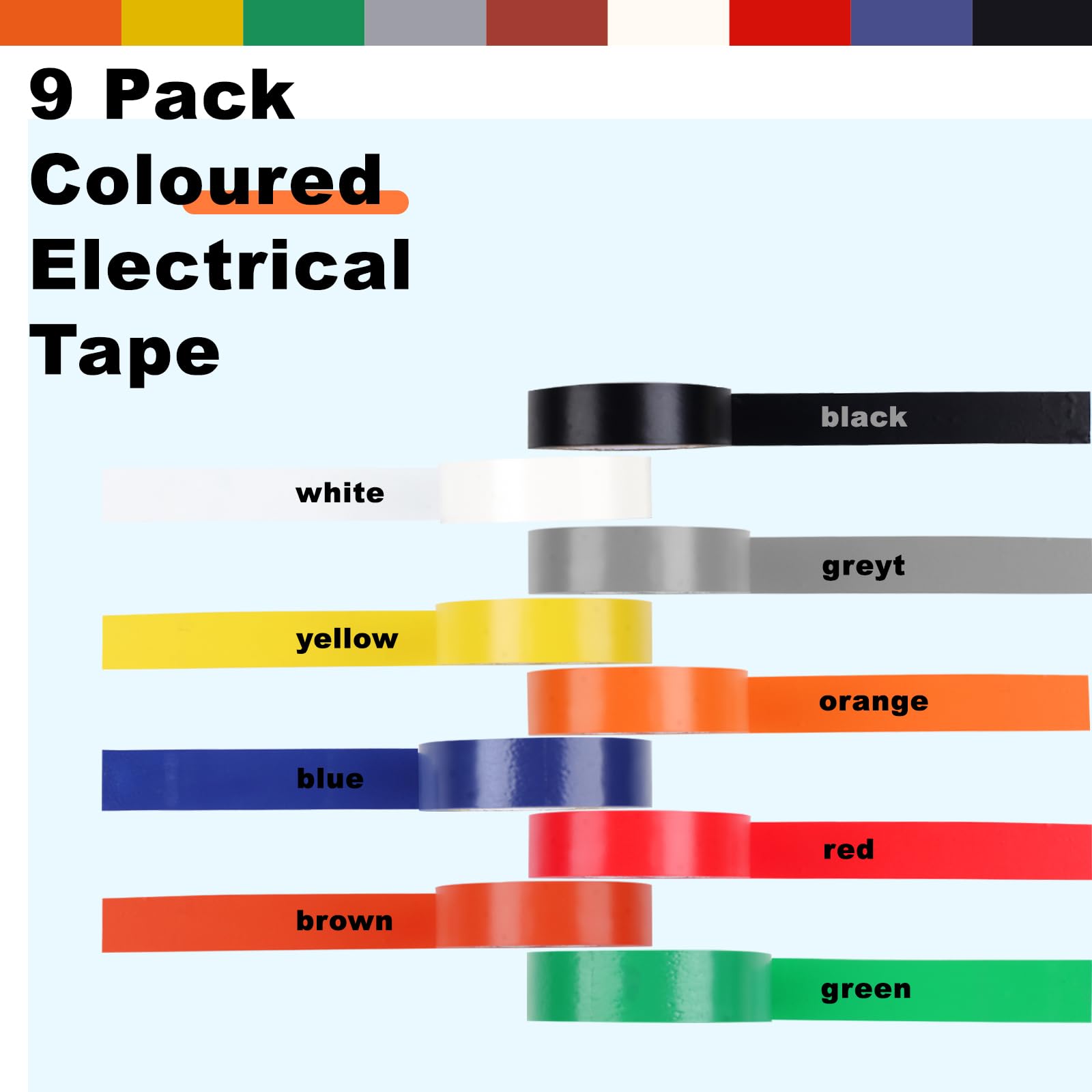 Romeda 9 Pack Colored Electrical Tape - Waterproof, UV & Oil Resistant Insulation Tape for Home, Office & Industrial Use - Perfect for Wiring, Cable Management & DIY Electrical Projects