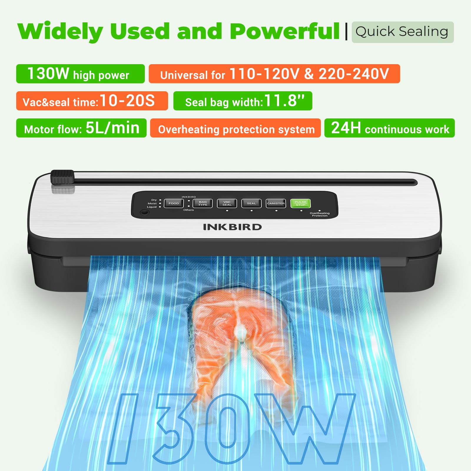 INKBIRD 130W Powerful Vacuum Sealer Machine - 6 Food Modes for Liquid/Moist/Dry Foods, Compact Food Preservation System with Built-in Cutter & Starter Kit (10 Pre-cut Bags 8