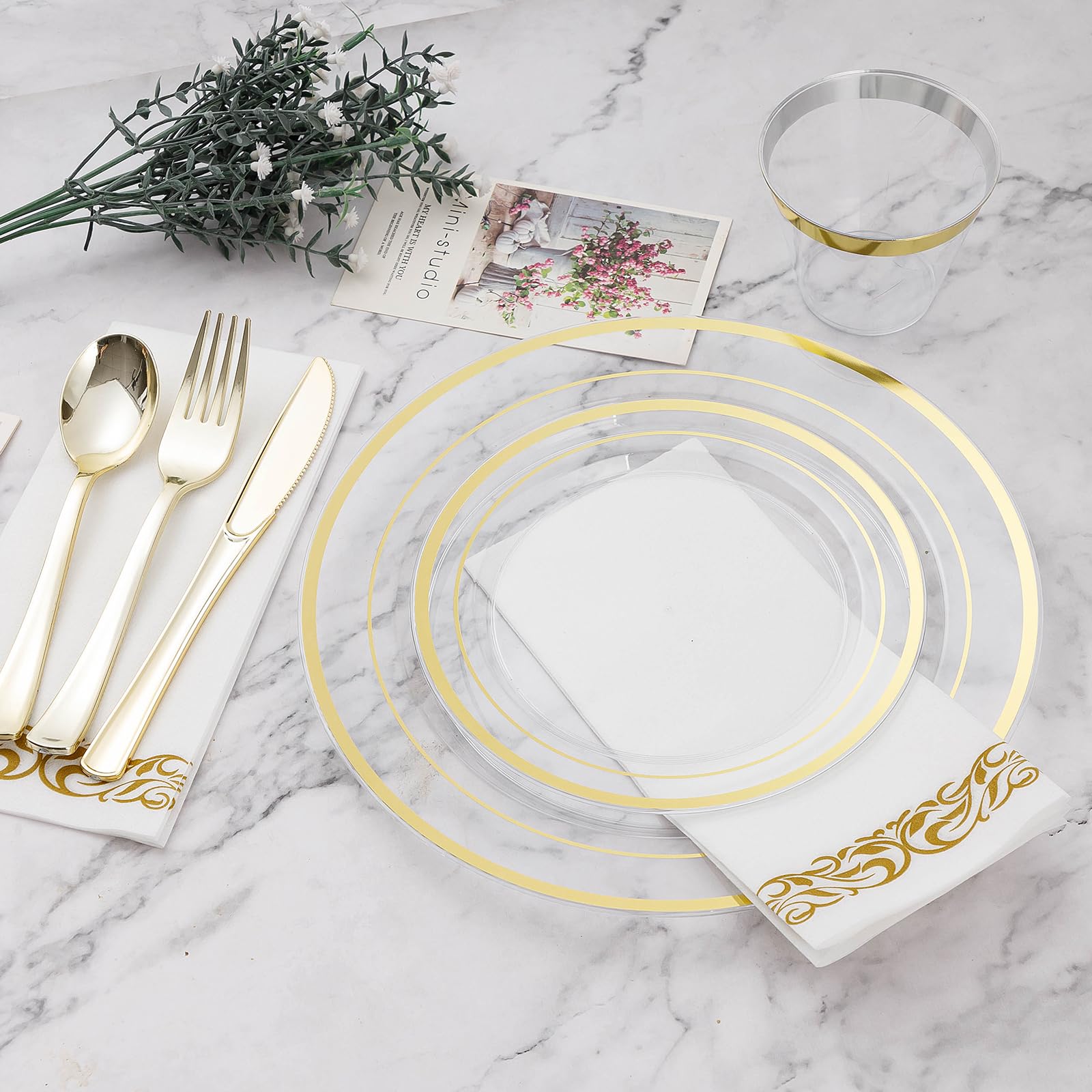 700-Piece Clear Gold Disposable Dinnerware Set for 100 Guests - Elegant Plastic Plates, Cups, Silverware & Napkins for Weddings, Parties & Events - Includes 200 Plates, 100 Gold Utensils, 100 Cups & 100 Napkins - Perfect for Birthday Celebrations, Bridal Showers & Catered Gatherings