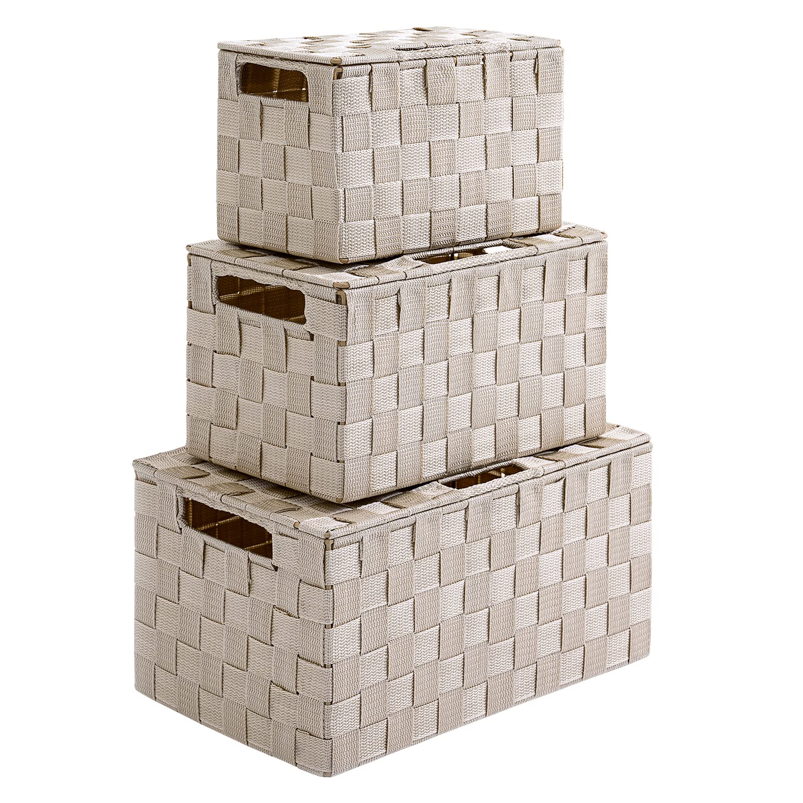 3-Pack Woven Storage Bins with Lids - Decorative Wicker Baskets for Closet, Office & Home Organization | Beige Storage Boxes for Clothes, Toys & Household Items