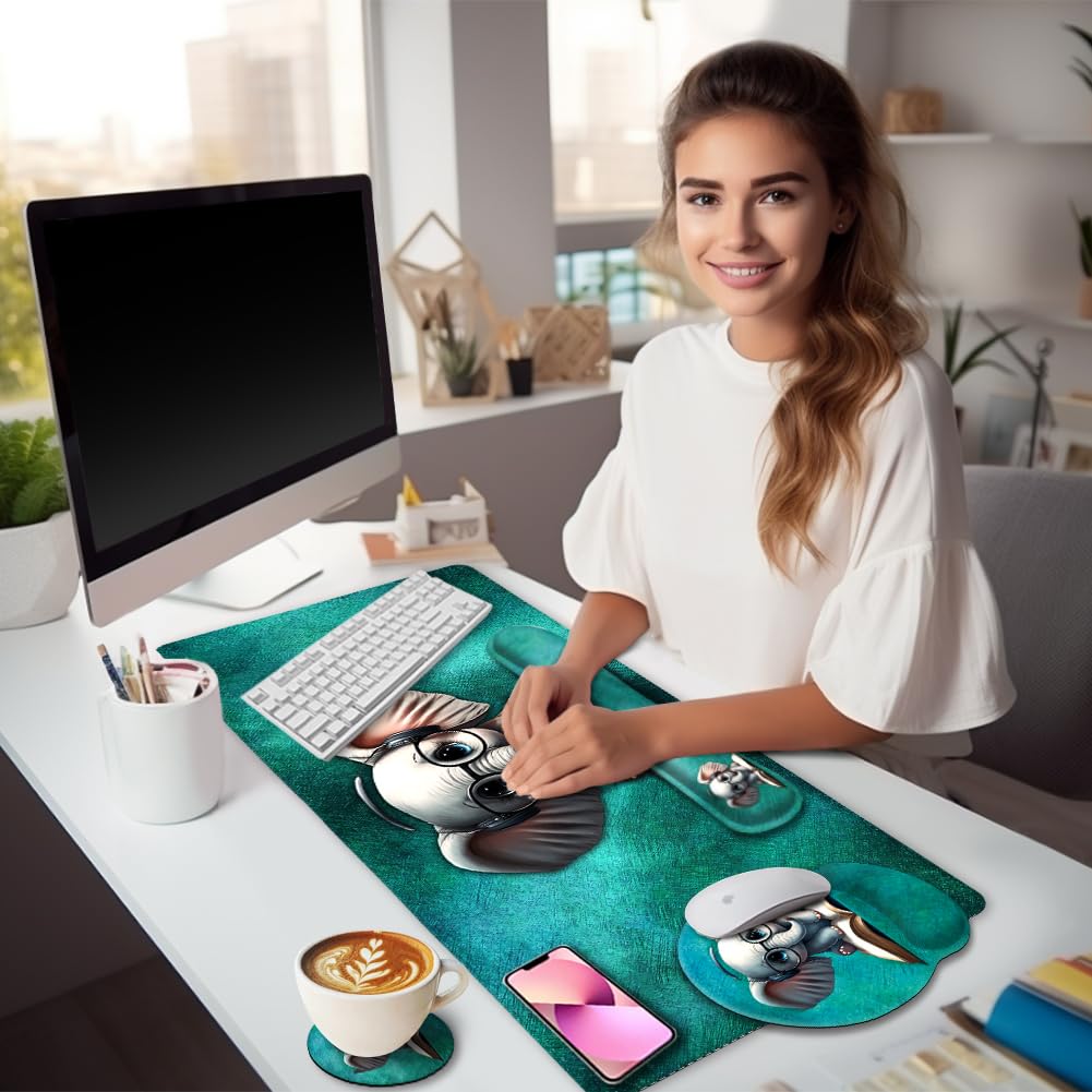 Premium Large Gaming Mouse Pad with Ergonomic Wrist Rest - XXL Desk Mat for Keyboard & Mouse - Non-Slip Office Desk Accessory with Cup Coaster - Cute Elephant Design for Home Office, Gaming Setup & Workstation Decor