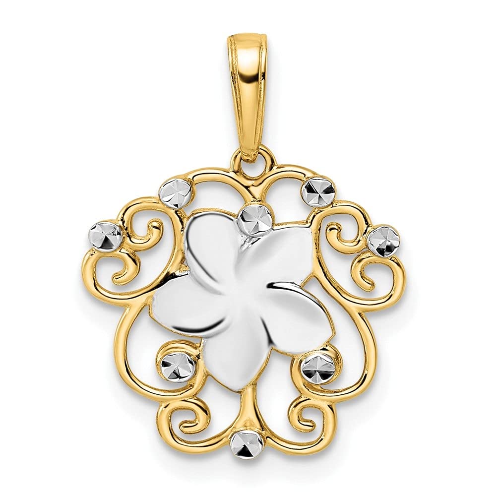 14K Yellow & White Rhodium Diamond-Cut Floral Pendant Necklace - 21.67mm x 16.91mm - Elegant Jewelry Gift for Women - Perfect for Weddings, Anniversaries & Special Occasions