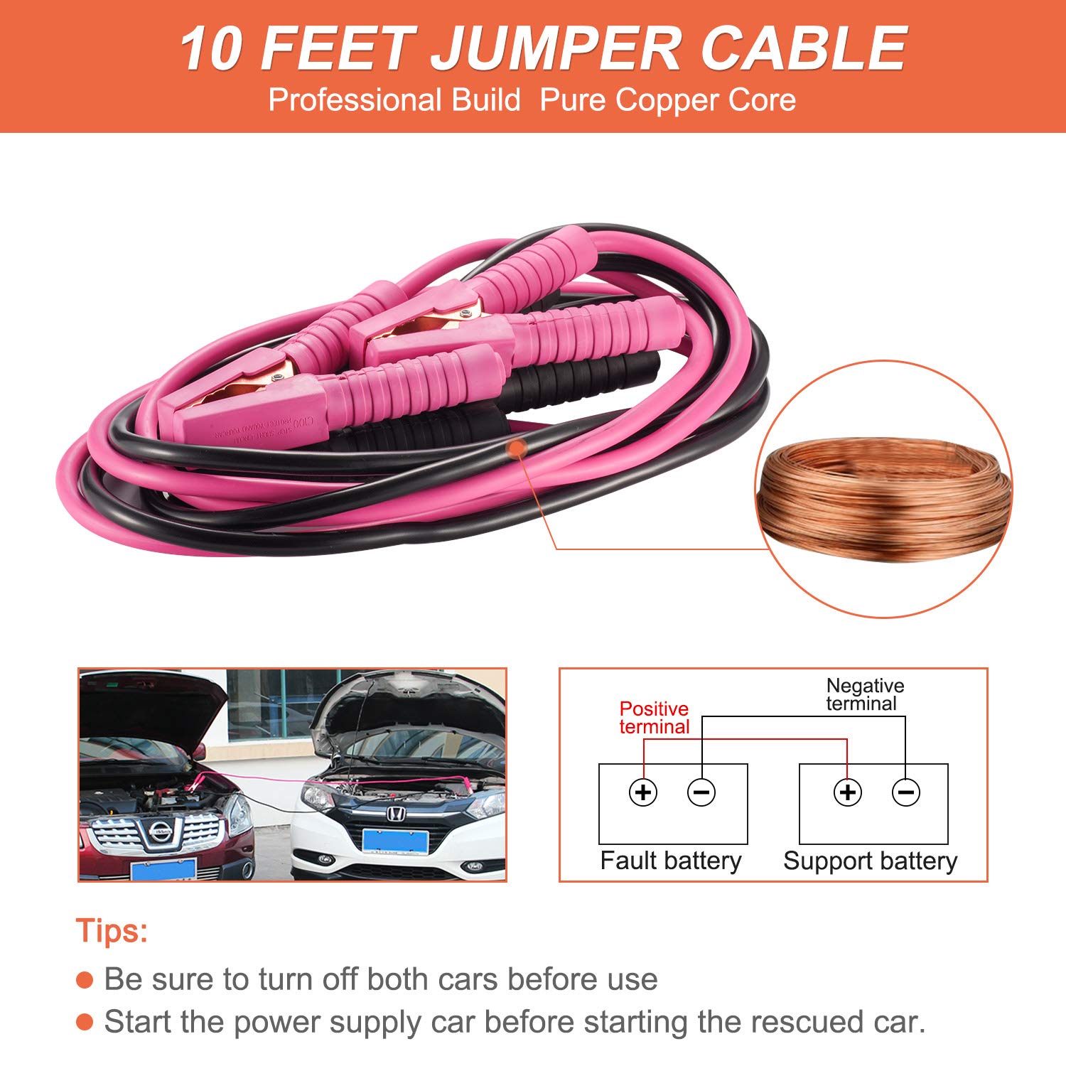 THINKWORK Pink Car Emergency Kit for Women - 10FT Jumper Cables, First Aid Kit, Safety Hammer & Tow Rope | Perfect Roadside Assistance Gift for Teen Girls & Ladies | Essential Vehicle Safety Accessories for Travel & Commuting