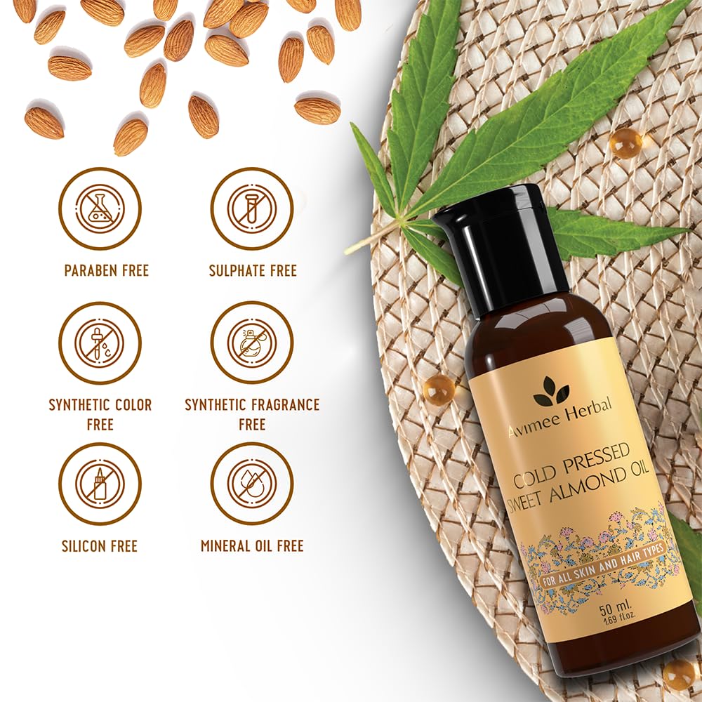 Avimee Herbal Keshpallav Almond Oil - 100% Pure Cold Pressed Hair Oil for Split Ends & Hair Growth | Vitamin E Enriched | Mineral Oil Free | 50ml | Perfect for Daily Hair Care & Scalp Massage