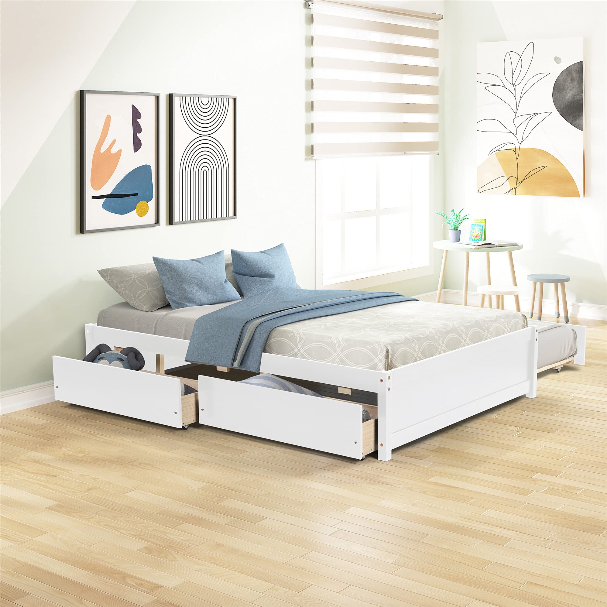 MERITLINE Full Size Wood Platform Bed Frame with Storage Drawers & Trundle - Space Saving Captain Bed for Kids, Teens & Adults - No Box Spring Needed - White - Perfect for Small Bedrooms, Guest Rooms & Dormitories