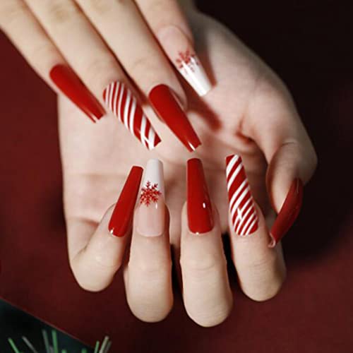 24Pcs Christmas Press on Nails - Glossy Red Coffin Fake Nails with Snowflake Design | Long Ballerina Artificial Nails for Women & Girls | Perfect for Holiday Parties, Gift Giving & Special Occasions
