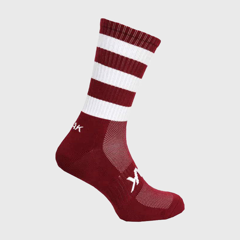 Atak Sports Mid Length Hooped Sports Socks for Men & Women - Breathable Athletic Socks for Running, Basketball & Gym - Maroon/White Stripe Design