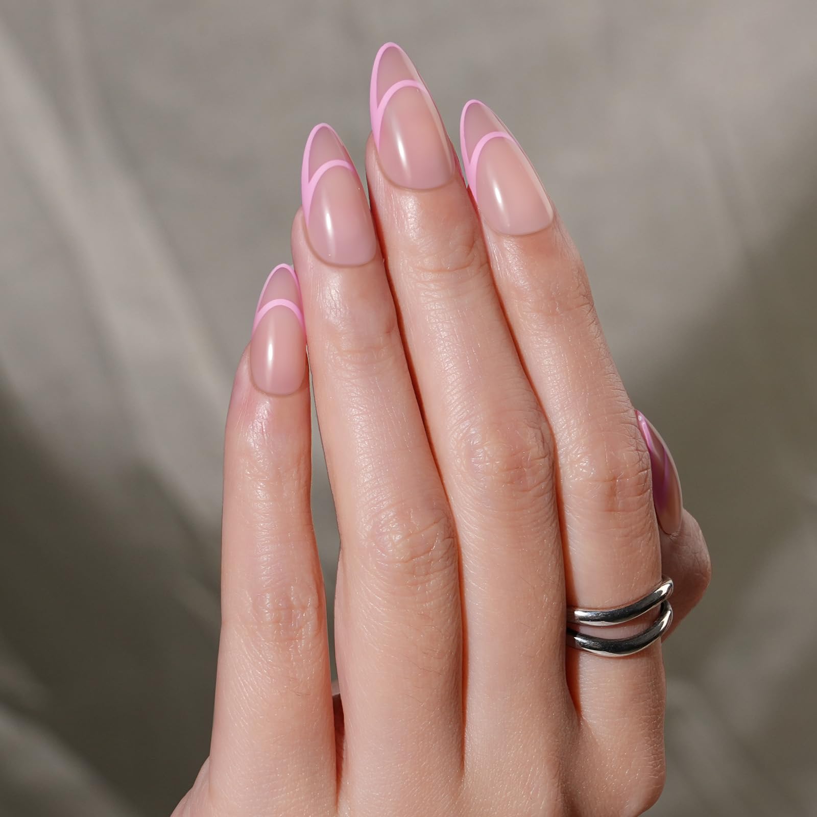 Trendy Light Pink French Press On Nails - Medium Almond Fake Nails with Natural Nude Pink Line | Reusable Stick On Nails Kit (15 Sizes, 30 Nails) | Perfect for Daily Wear, Parties & Special Occasions