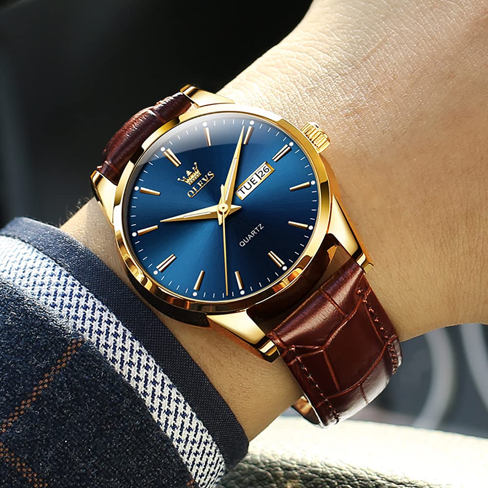 OLEVS Men's Brown Leather Watch with Luminous Hands, Rose Gold Case, Day Date Display - Waterproof Quartz Dress Watch for Business, Casual & Formal Occasions