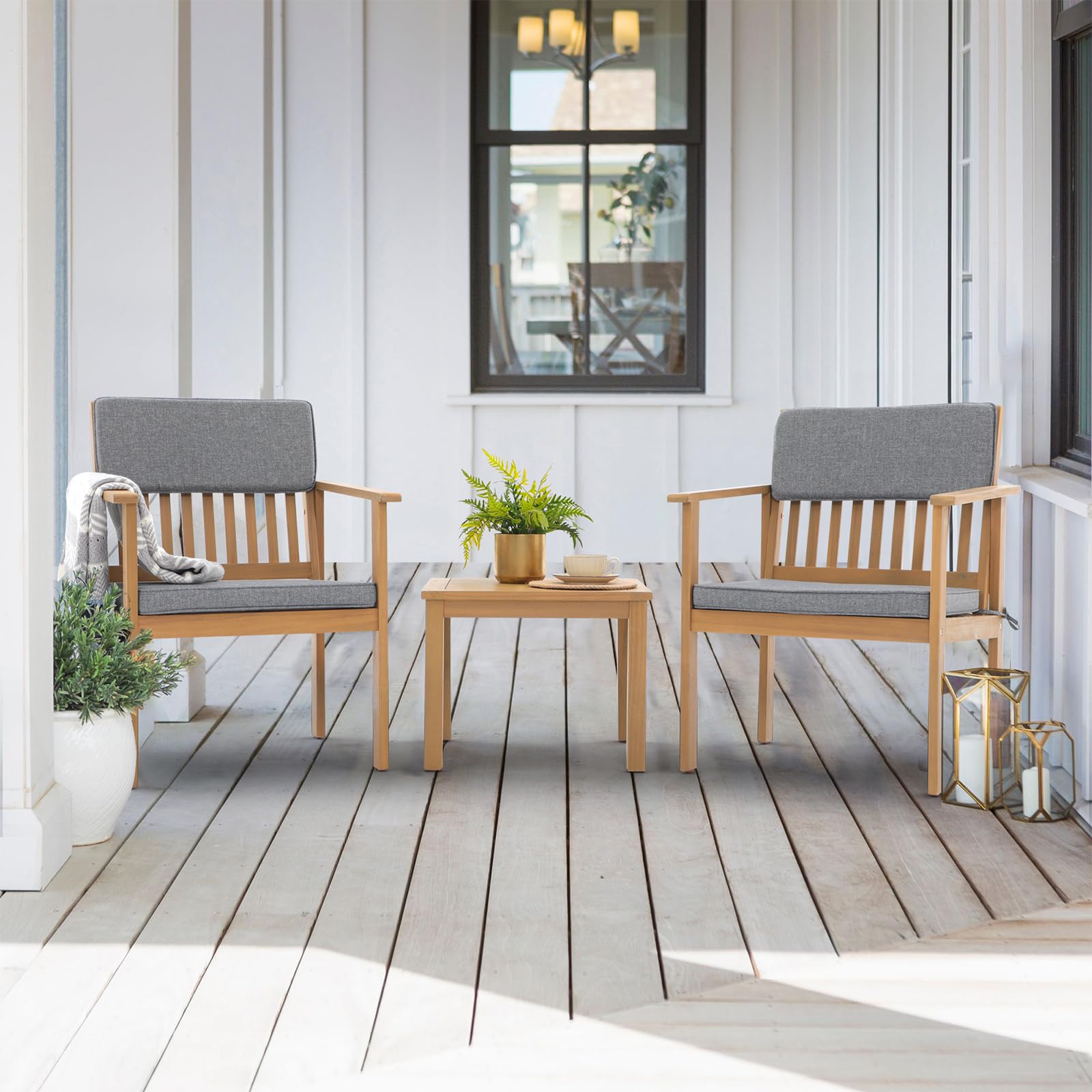Premium 3-Piece Acacia Wood Outdoor Patio Furniture Set - FSC Certified Bistro Table & Chairs with Gray Cushions for Balcony, Porch, Backyard | Perfect for Garden Dining, Outdoor Entertaining & Relaxation