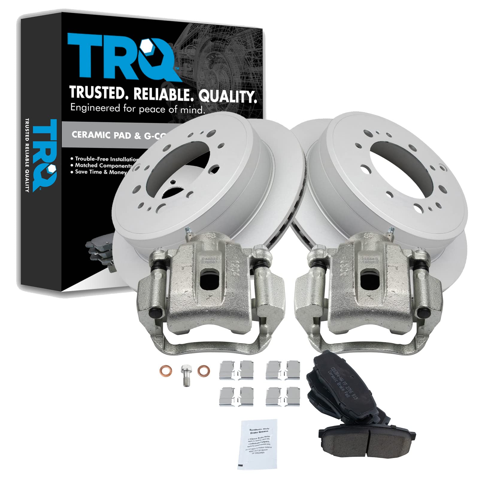 Premium TRQ Ceramic G-Coated Rear Brake Pad & Rotor Kit with Caliper - Compatible with 2008-2015 Toyota Sequoia & 2007-2015 Tundra - Smooth Stopping Power for Highway Driving & Heavy Loads