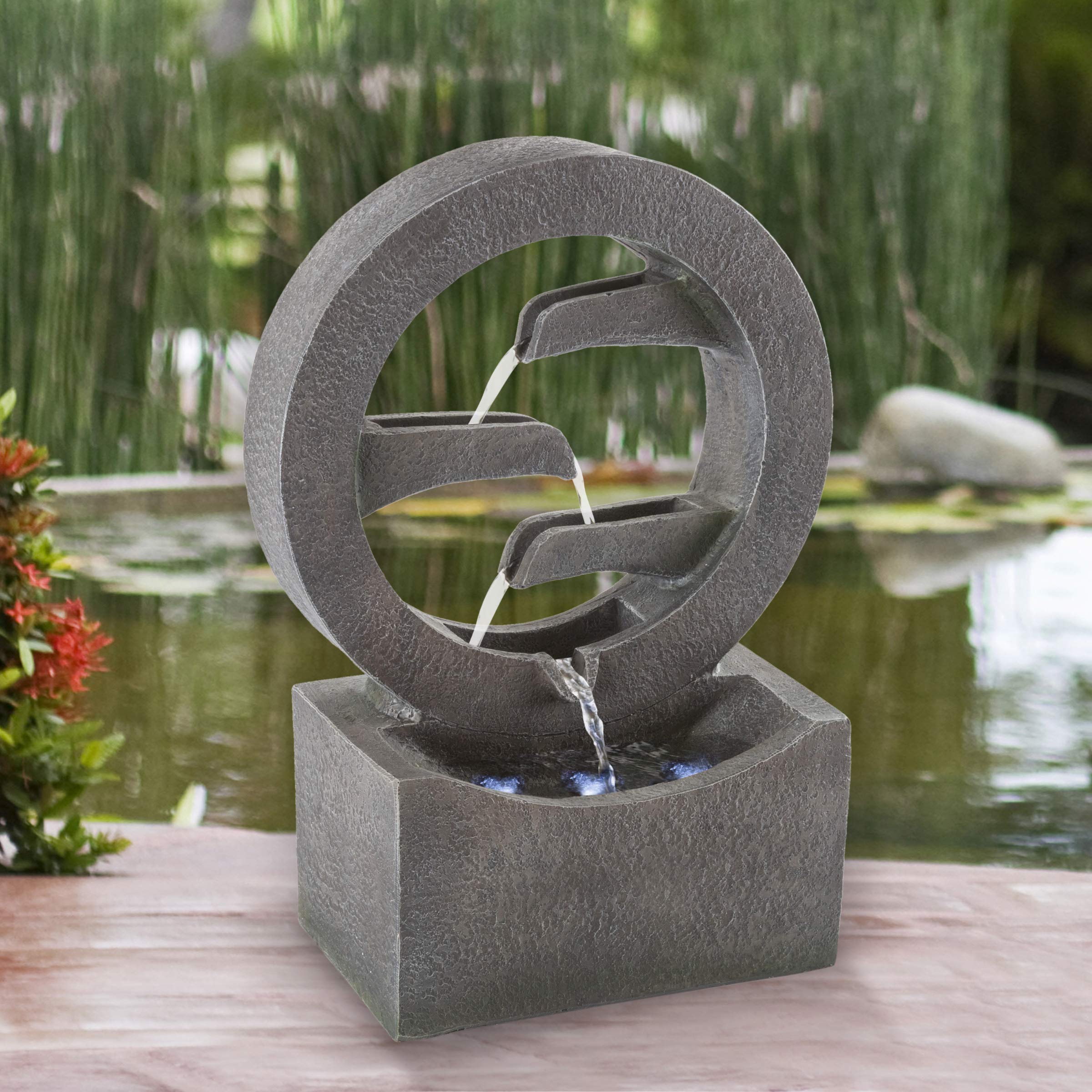 Pure Garden 4-Tier Polyresin Outdoor Water Fountain with LED Lights - 18.5 Inch Decorative Water Feature for Patio, Garden, and Backyard Decor - Perfect for Relaxation and Outdoor Ambience