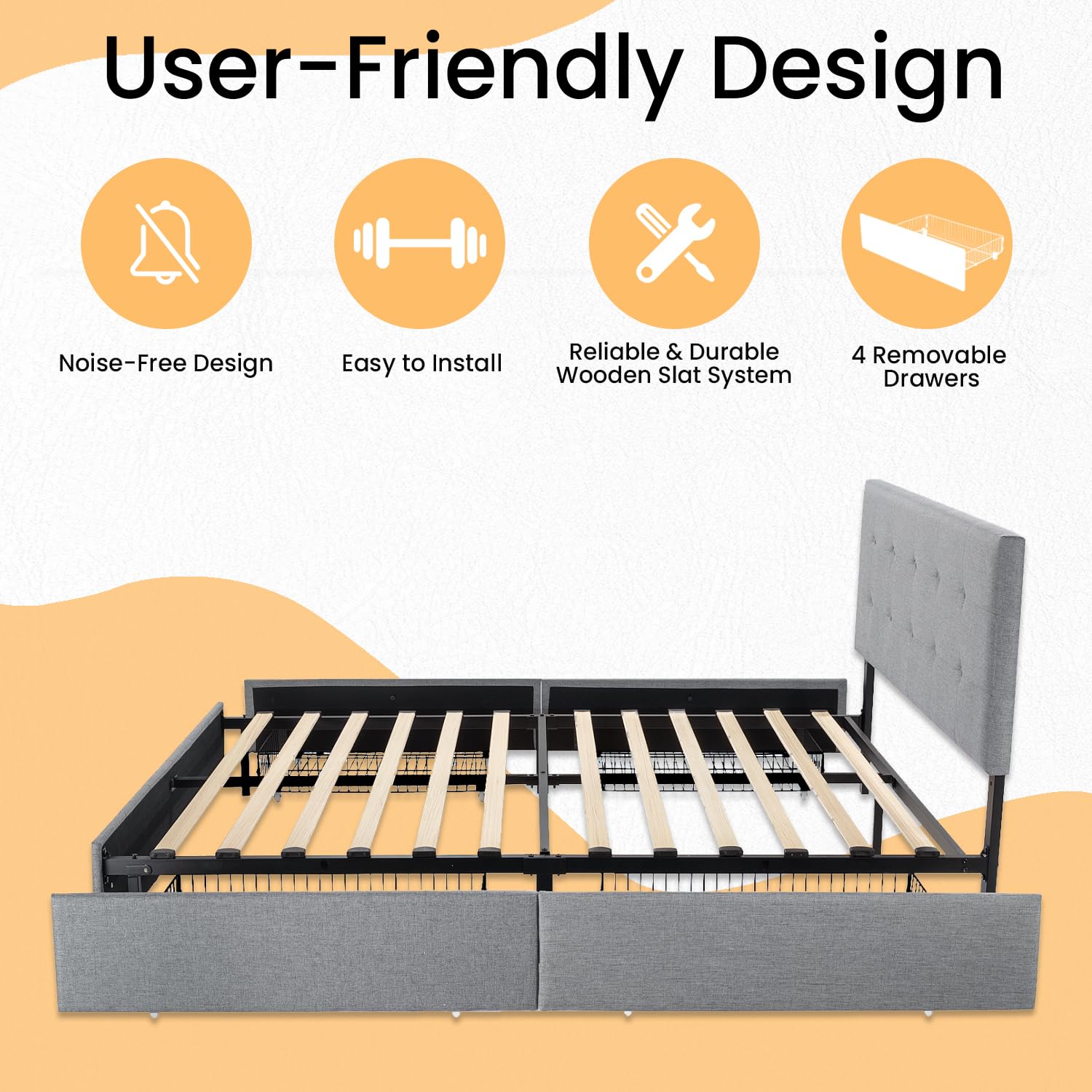 SHA CERLIN Upholstered Queen Size Storage Bed Frame with 4 Drawers - Adjustable Tufted Headboard, Wood Slat Support, No Box Spring Needed - Light Grey Fabric Platform Bed for Master Bedroom, Guest Room & Small Spaces