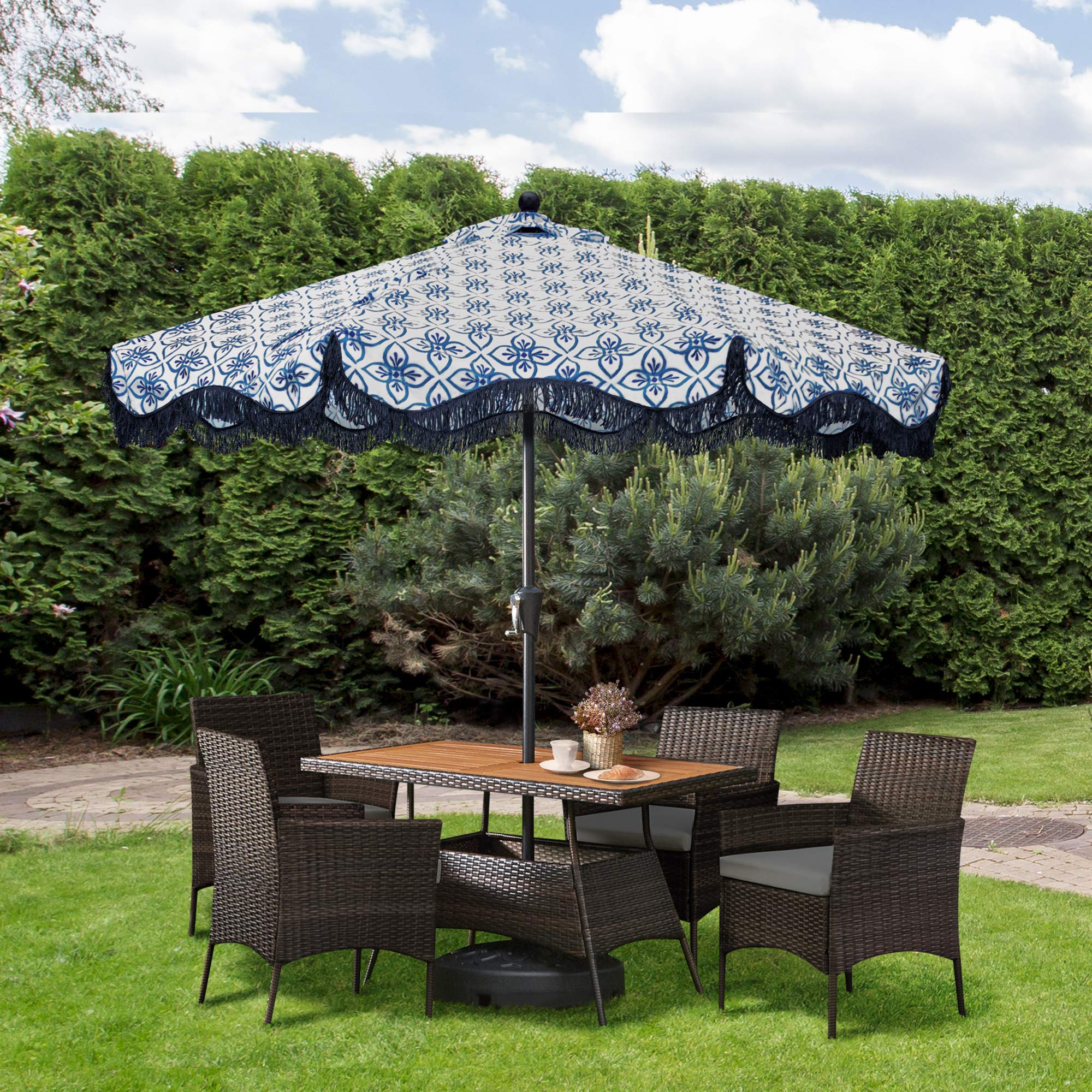 Teamson Home Outdoor PE Rattan 4-Piece Dining Set with Removable Water-Resistant Cushions & Acadia Wood-Slated Table Top - Perfect for Patios, Decks, Gardens, Poolside & Sunrooms (Brown/Gray) - Ideal for Outdoor Entertaining, Family Gatherings & Relaxing in Your Backyard