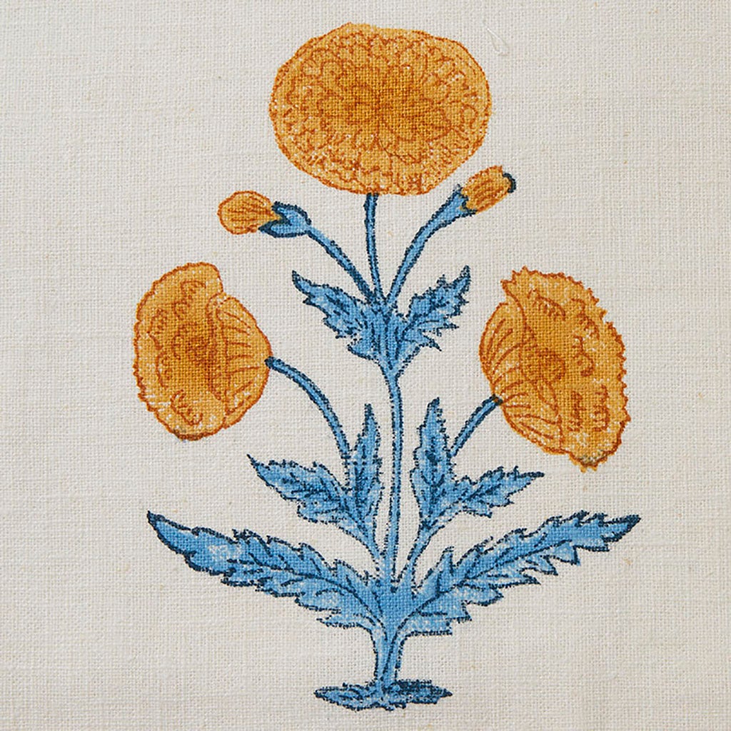 Poppy Block Printed Linen Fabric - Mustard & Sky Blue Color Samples for DIY Crafts, Home Decor & Fashion Accessories