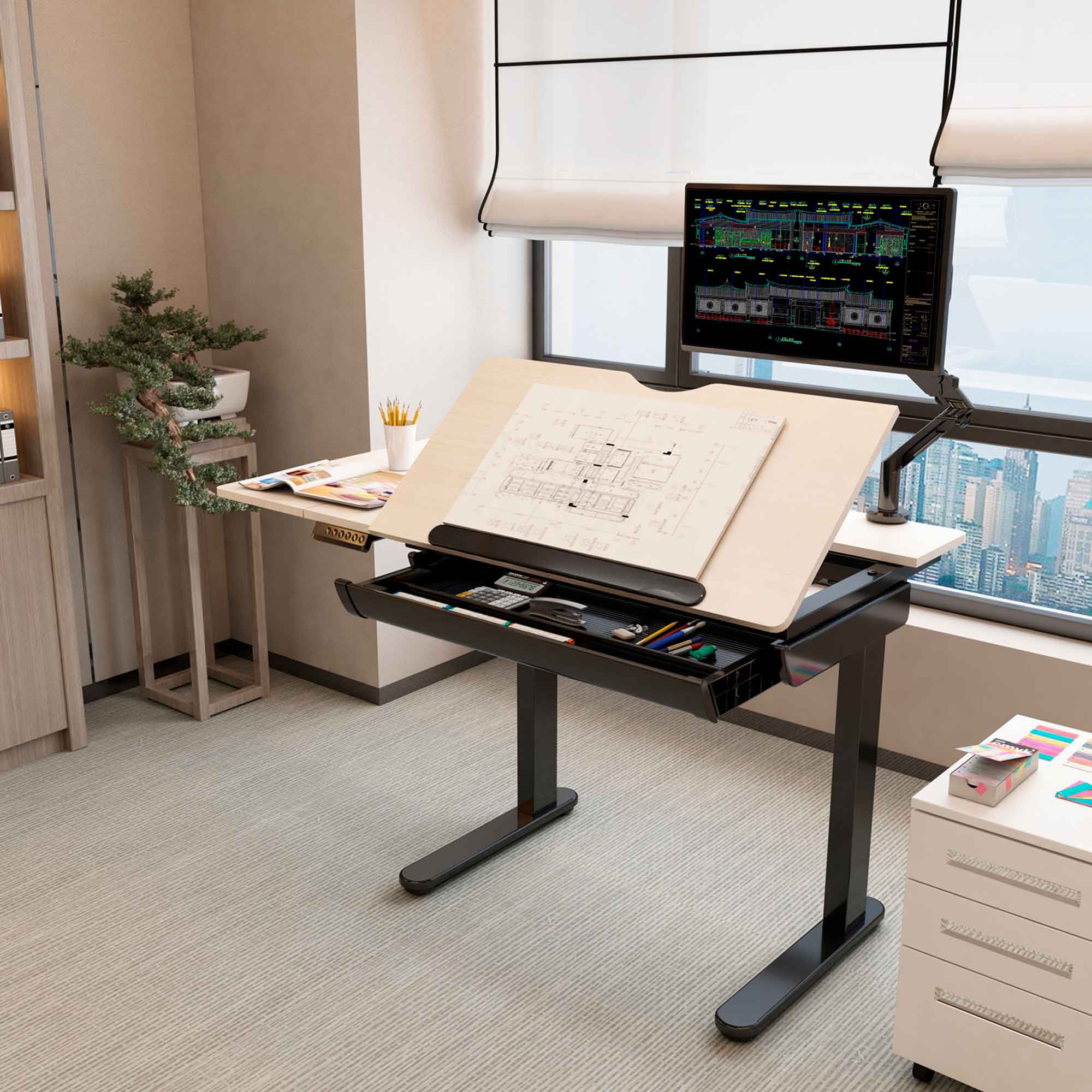 Adjustable Electric Standing Drafting Desk - Height & Tilt (0°-40°) Drawing Table with Storage Drawer for Artists & Architects | Home Office & Studio Workspace Solution