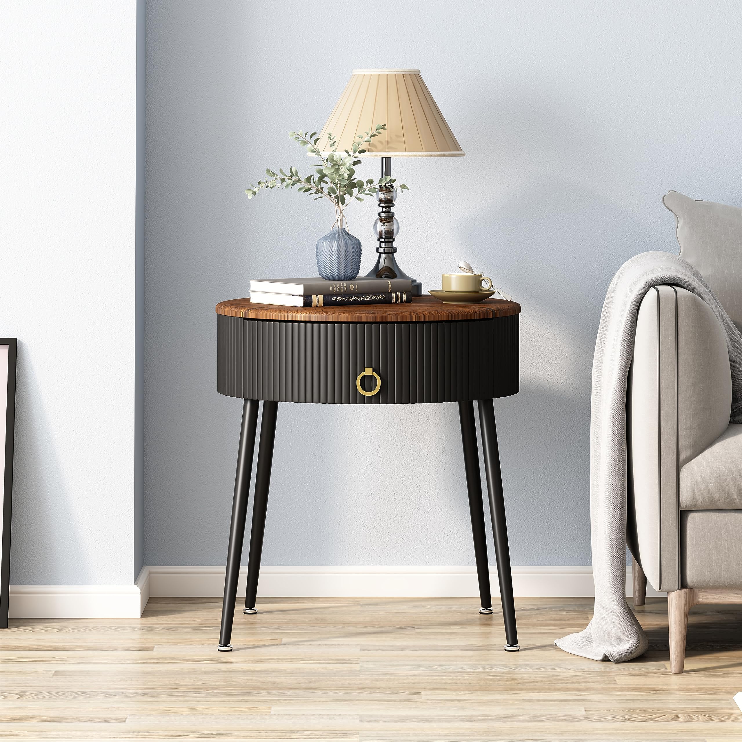 2-Piece Round Side Table Set with Drawer - Modern Nightstand for Bedroom, Living Room, Office & Dorm - Rustic Brown & Black End Tables for Small Spaces | Perfect for Reading Nook, Guest Room & Apartment Decor