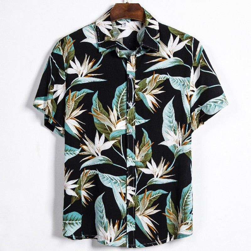 Hawaiian Floral Print Short Sleeve Shirt for Men - Tropical Black Aloha Shirt - Perfect for Beach Vacation, Summer Party & Casual Wear