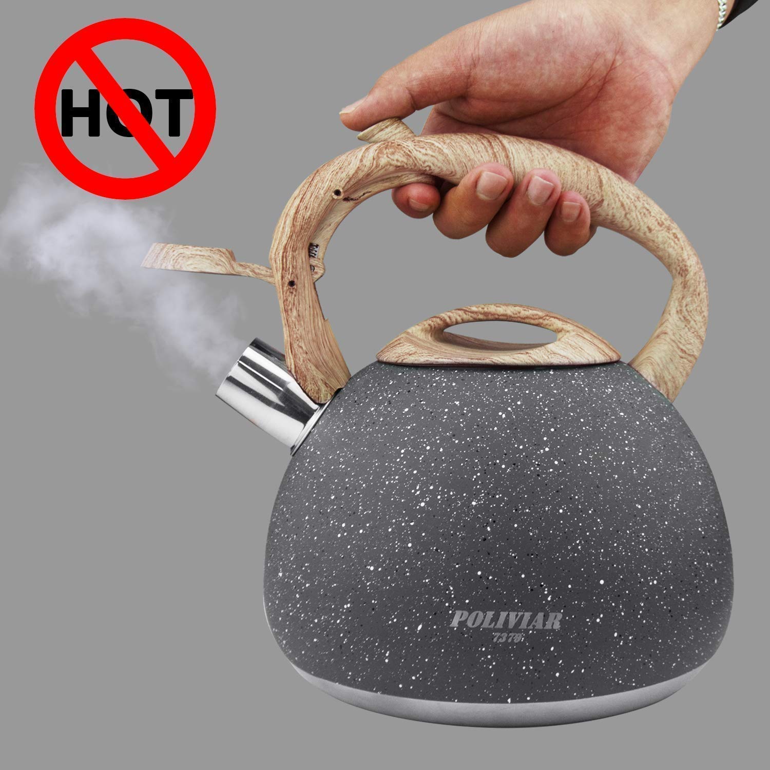 POLIVIAR 2.7 Quart Tea Kettle & 34oz French Press Coffee Maker with Teak Wood Handle - Stovetop Kettle & Coffee Press Combo for Home, Office & Camping (JX2020-NS)