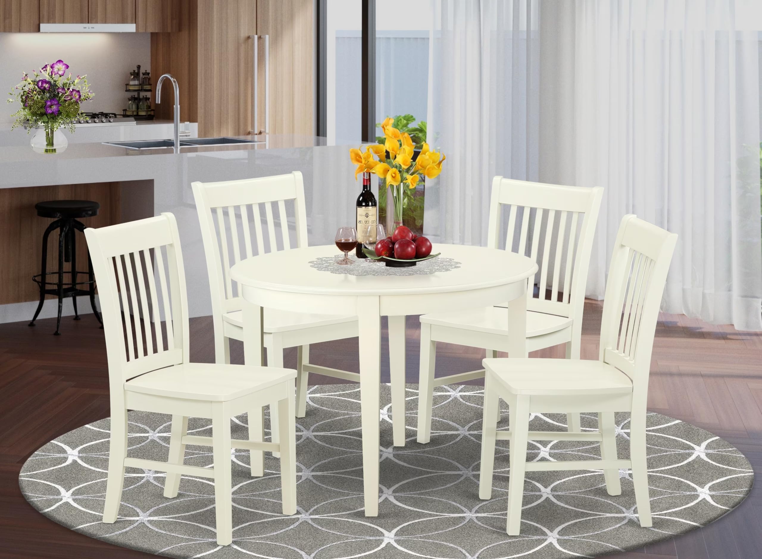 East West Furniture BONO5-LWH-W 5-Piece Round Dining Set with 42x42 Inch Table & 4 Chairs, Linen White - Perfect for Small Kitchens, Breakfast Nooks & Cozy Apartments