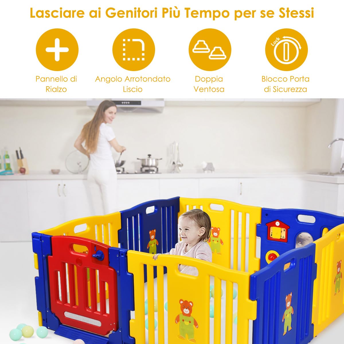 GYMAX Kids Play Fence with Gate & Lock - Durable Plastic Playpen, Foldable & Expandable Design, Non-Slip Suction Cups for Indoor Safety - Perfect for Toddlers, Home, Daycare & Kindergarten Play Areas
