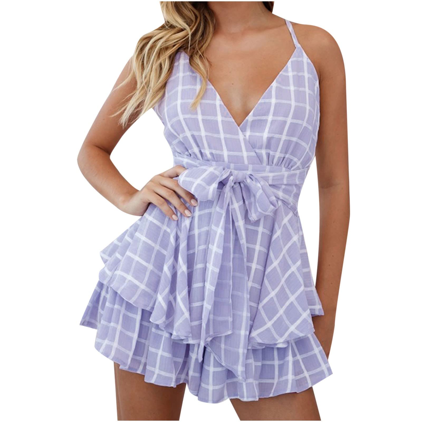 Women's Summer Spaghetti Strap Jumpsuit with Belt - Stylish Plaid Overalls, Ruffled Layered Dress for Casual Outings, Beach Vacations & Date Nights
