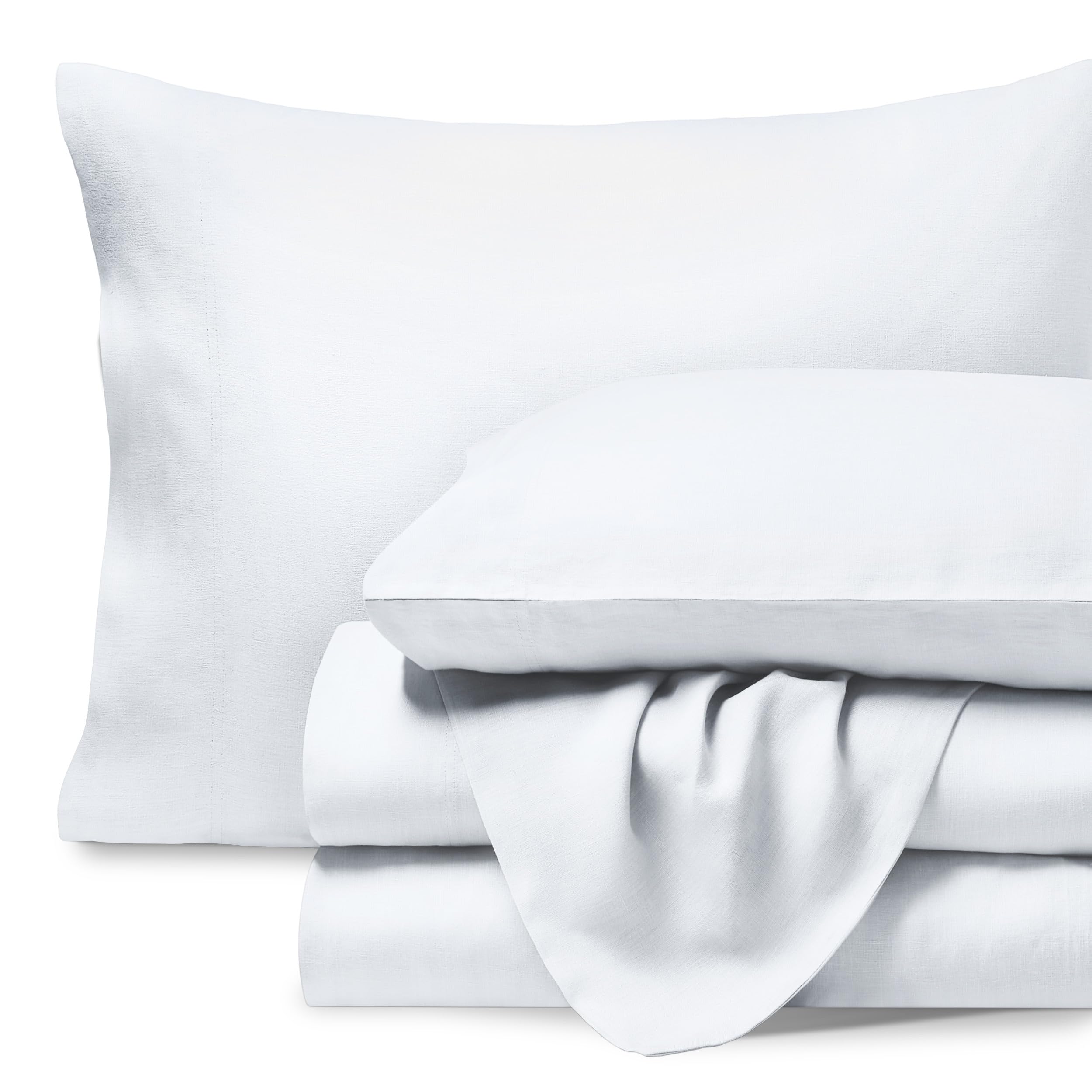 Bare Home Queen Sheet Set - 100% European Linen Luxury Bedding - Deep Pocket Fitted Sheet - 4 Piece Set with Pillowcases - Breathable & Soft White - Perfect for All-Season Comfort in Master Bedroom or Guest Room