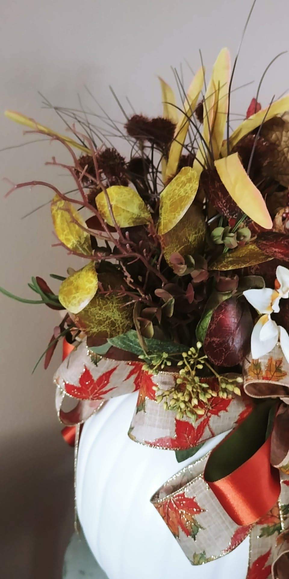 White Pumpkin Centerpiece for Fall Table Decor - Thanksgiving Centerpiece with Fall Flowers and Leaves - Perfect for Buffet Decor, Holiday Dining, and Autumn Home Decoration