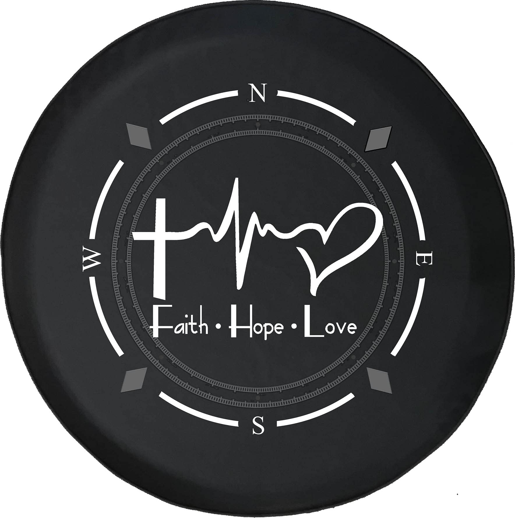 American Unlimited Spare Tire Cover with Compass, Faith Hope Love Cross & Heart EKG Design - Universal Fit for SUV, Trailer, RV & Most Vehicles - Perfect for Road Trips, Camping & Outdoor Adventures