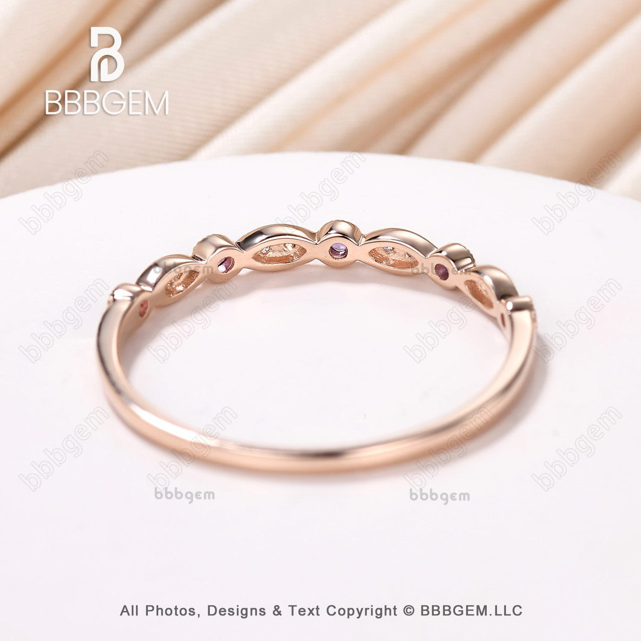 Milgrain Marquise & Dot Amethyst Moissanite Wedding Ring - 14K Rose Gold Half Eternity Band for February Anniversary, Engagement & Bridal Jewelry - Perfect for Valentine's Day Gifts, Proposals & Special Occasions