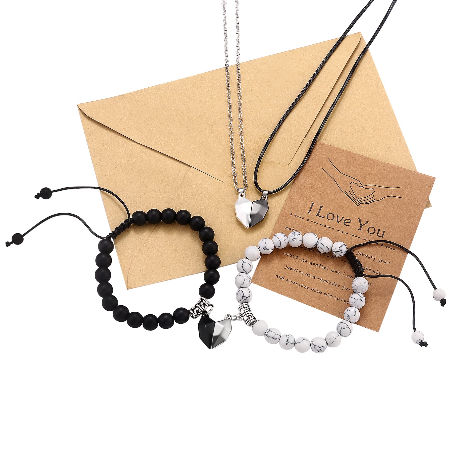 **Cupimatch 4 Pcs Heart Couple Matching Necklaces & Bracelets Set - His and Hers Love Pendant Beaded Relationship Jewelry for Anniversaries, Valentine's Day & Romantic Gifts**