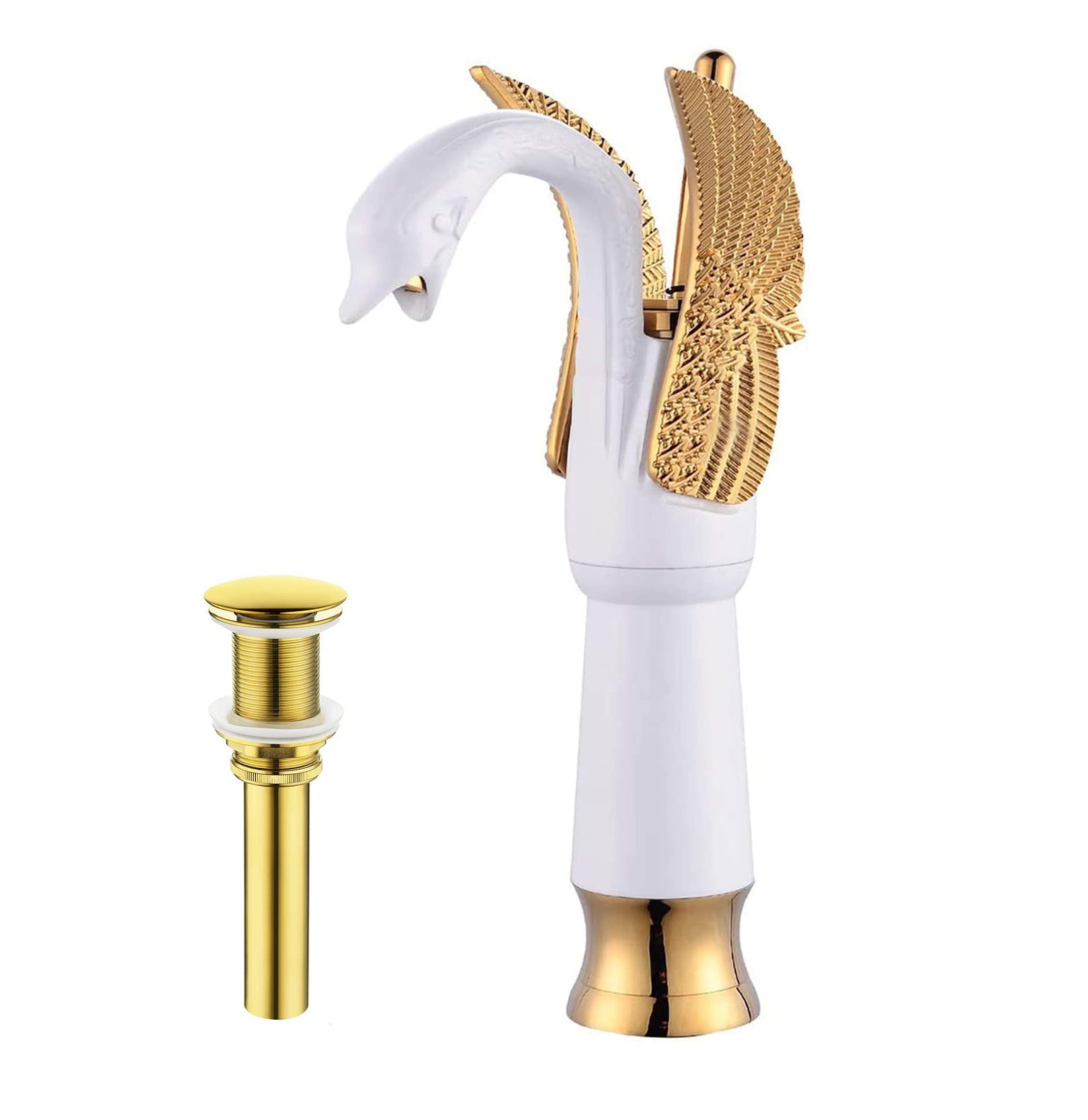 Swan White & Gold Tall Vessel Sink Faucet - Single Handle One Hole Basin Mixer Tap with Matching Pop Up Drain (No Overflow) - Perfect for Modern Bathroom Vanities & Bowl Sinks